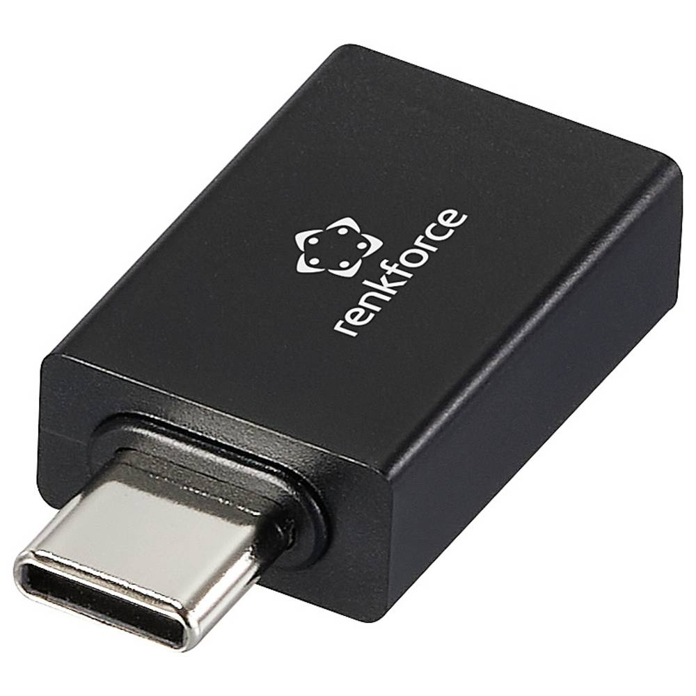 Adattatore USB-C nero. Logo Renkforce in alto. Sfondo bianco.