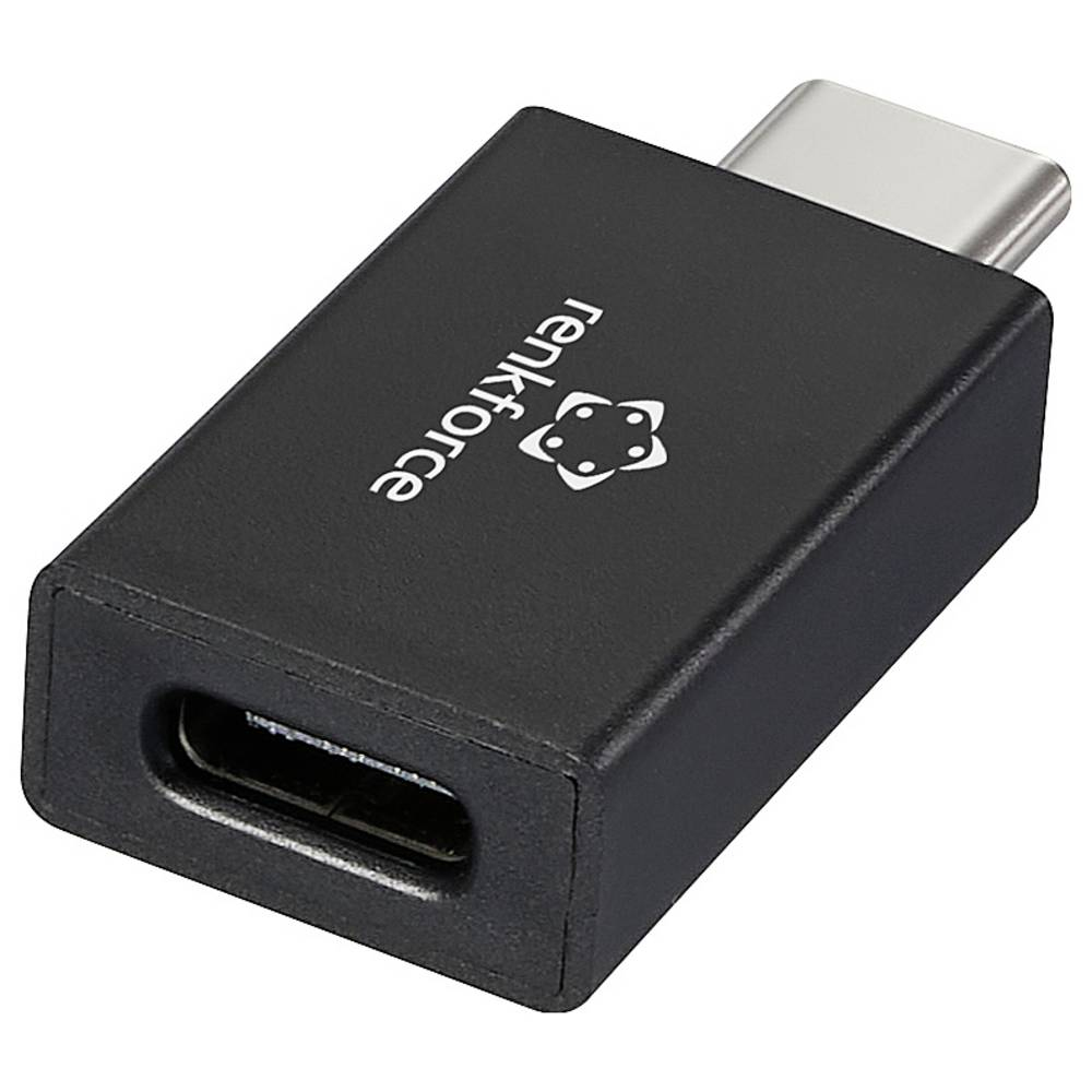 Un adattatore USB-C nero con il logo Renkforce. Ha una porta USB-C e una spina USB-C.