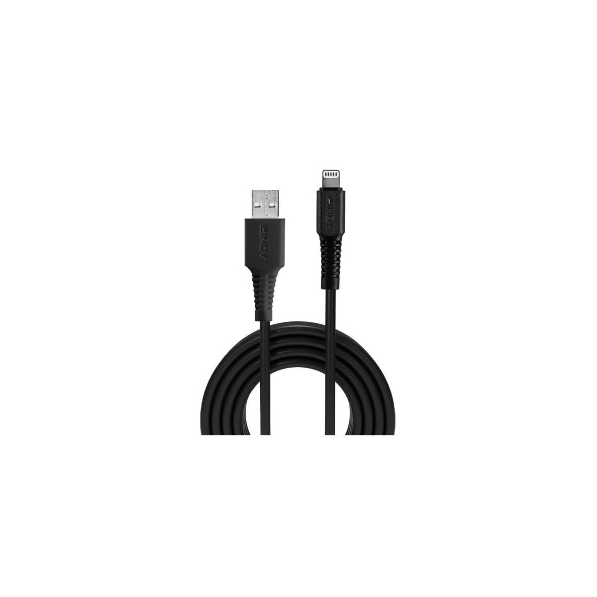 Czarny kabel ładujący z wtyczkami USB i Lightning, zwinięty na dole, na białym tle.