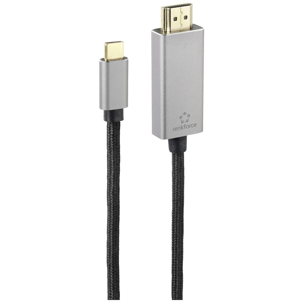 Un cavo da USB-C a HDMI argentato con un cavo intrecciato nero.