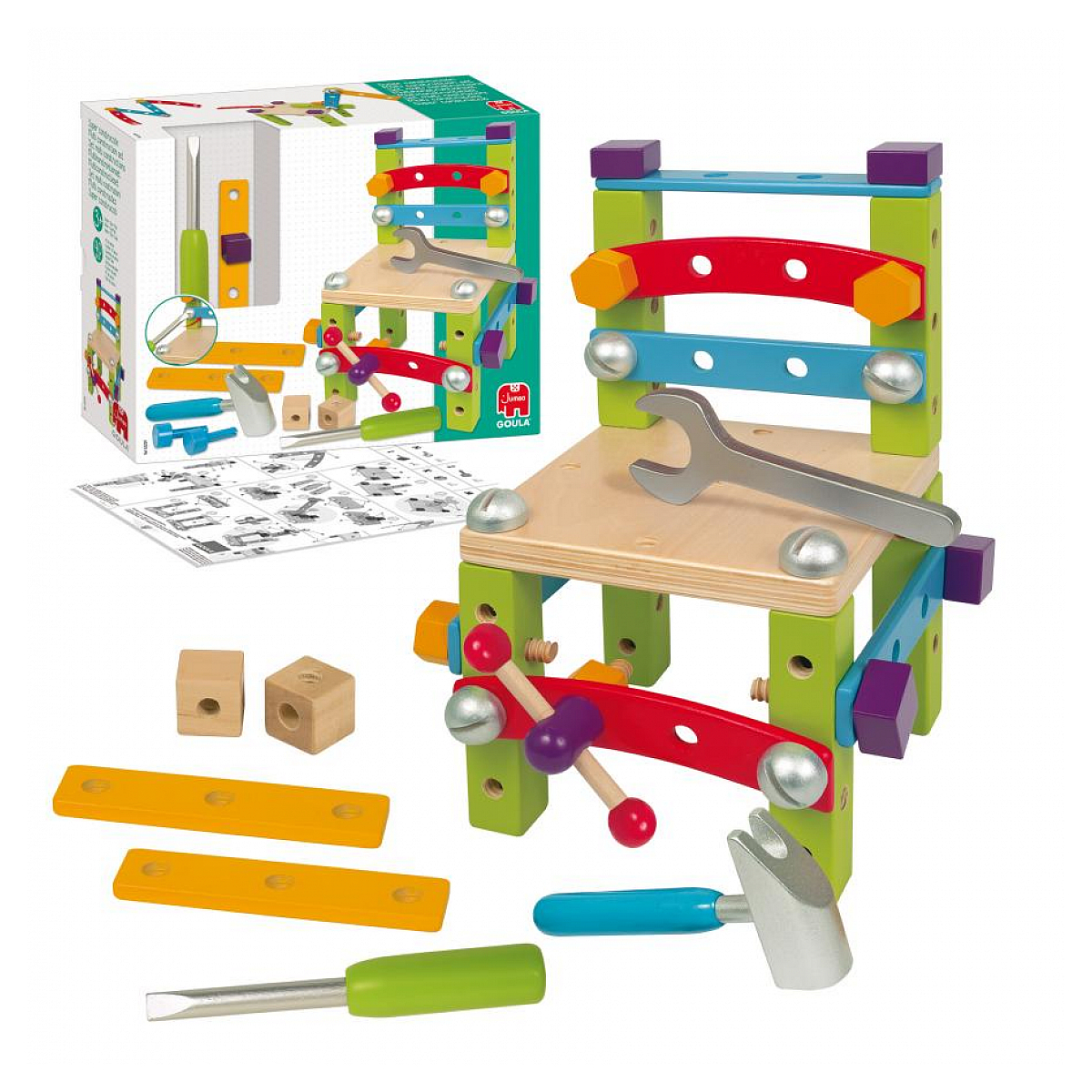 Un établi jouet en bois avec des outils. Une boîte montre l'établi et des outils comme une clé et un marteau.