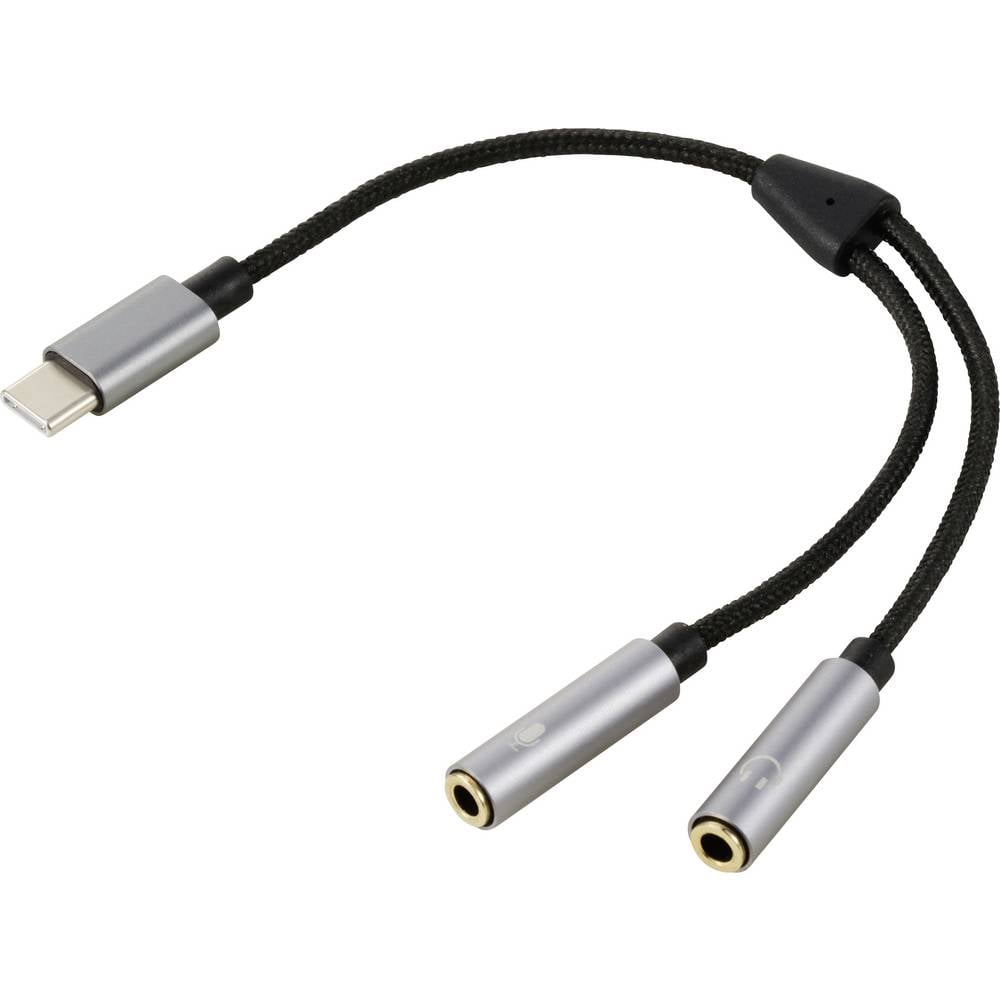 Un cavo adattatore da USB-C a jack per cuffie. È nero con connettori argentati.