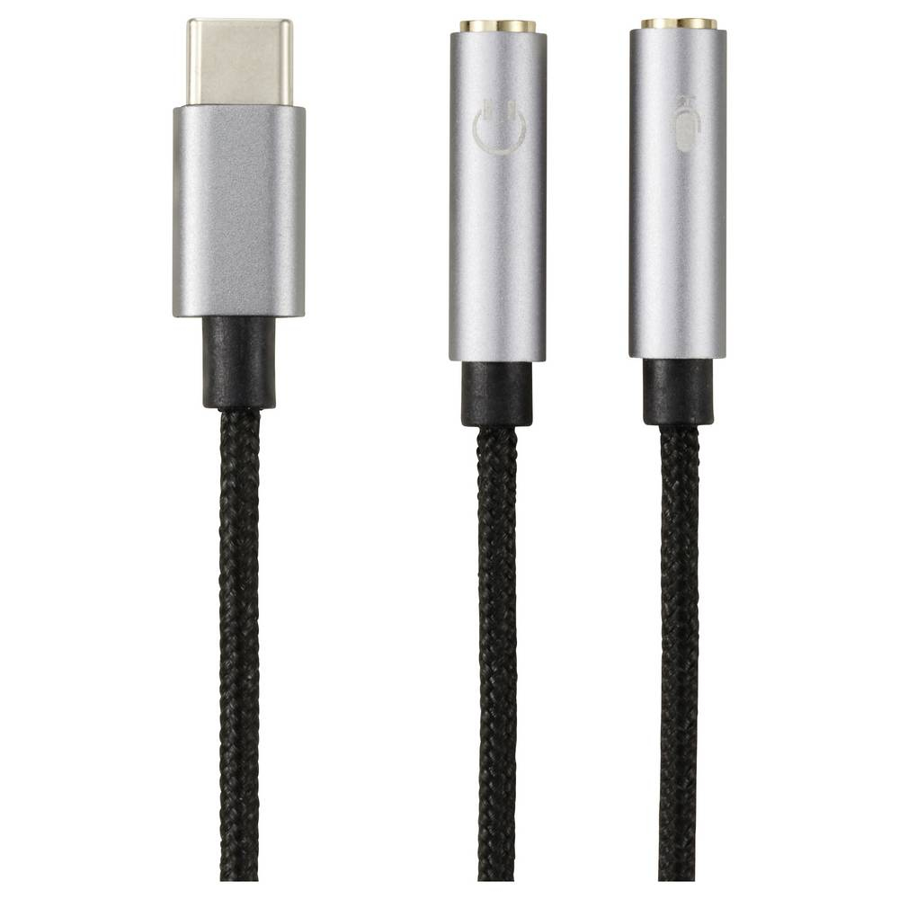 Un cavo adattatore audio USB-C a doppia 3,5 mm argentato, con connettore USB-C e due jack da 3,5 mm.