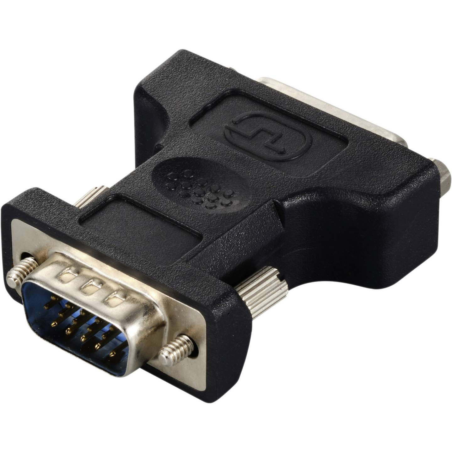 Adattatore da VGA a DVI nero. Due connettori VGA e un connettore DVI.
