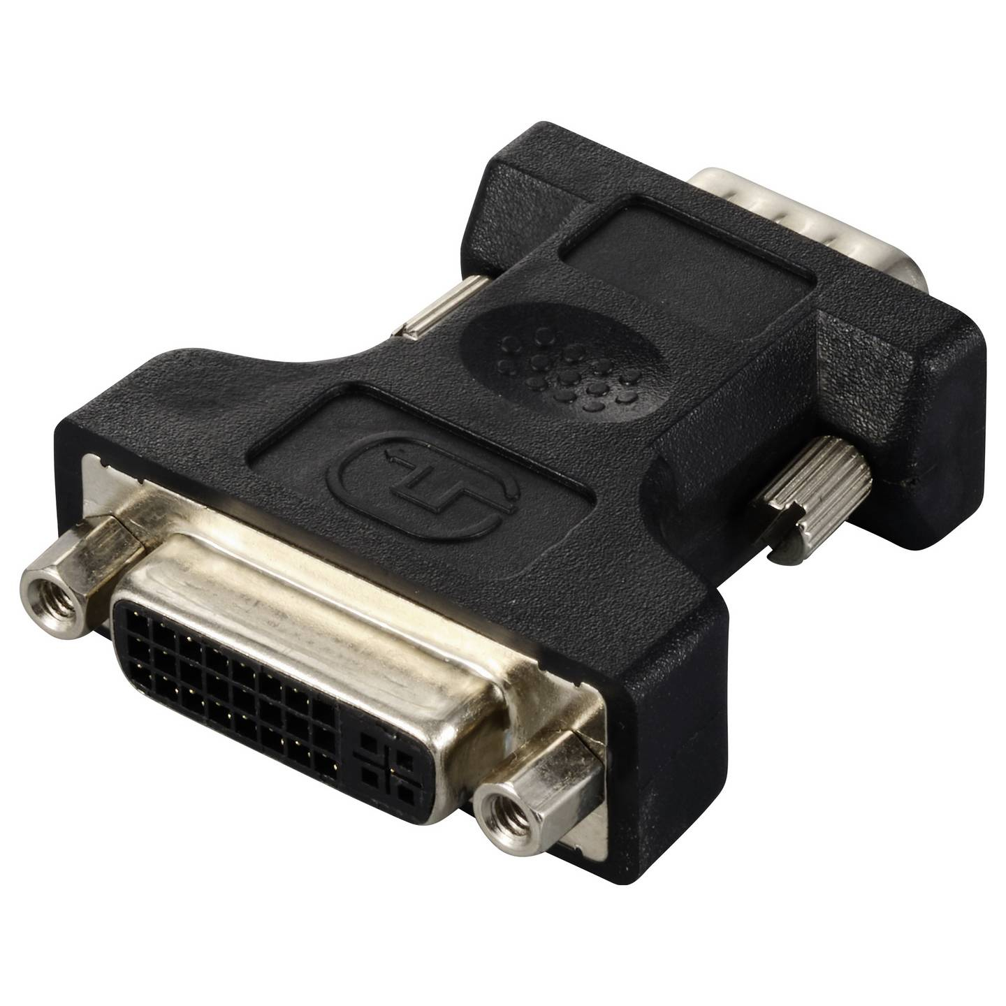 Adattatore da DVI a VGA nero. Un connettore DVI e un connettore VGA.