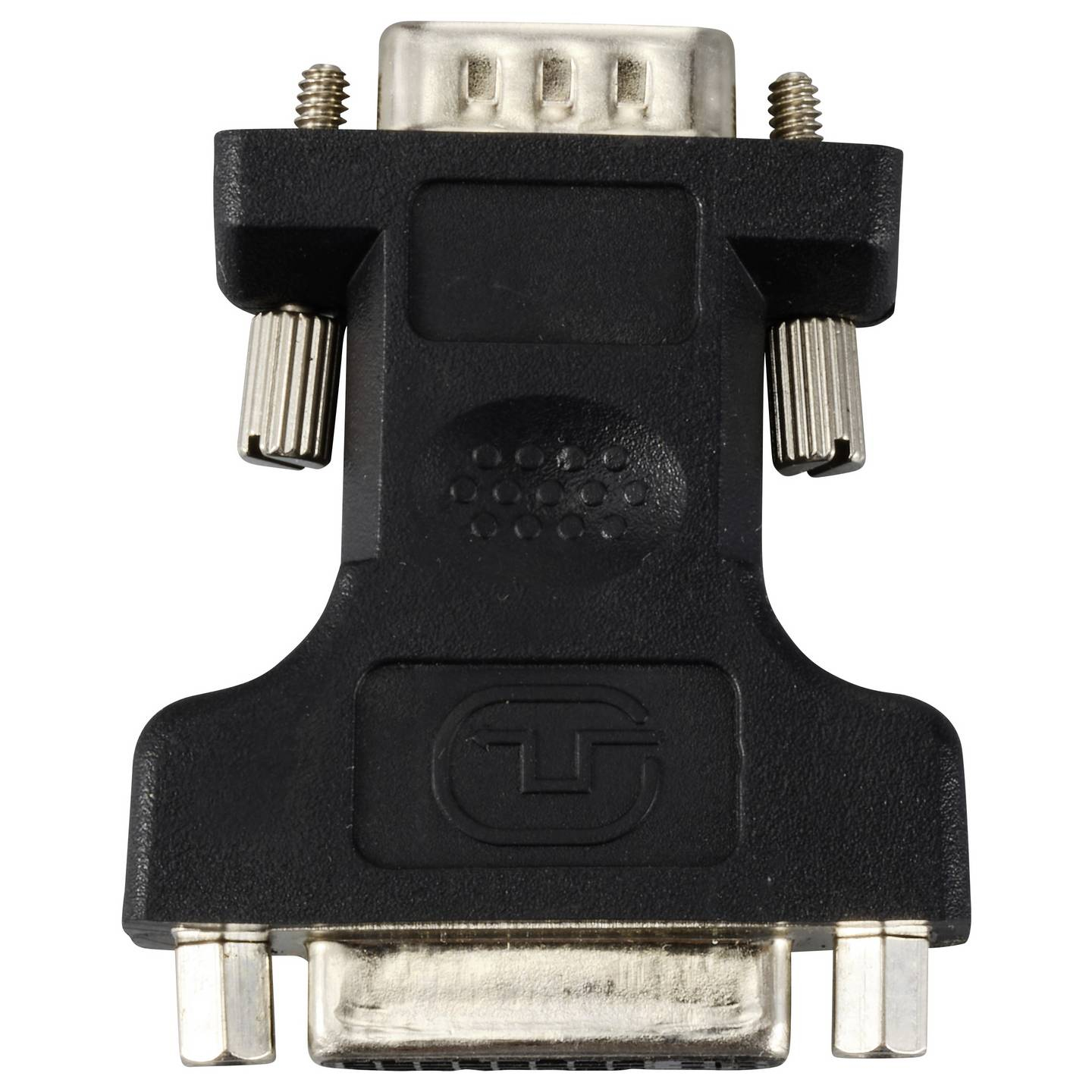 Un adattatore da DVI a VGA nero. Ha un corpo nero con viti su entrambi i lati.