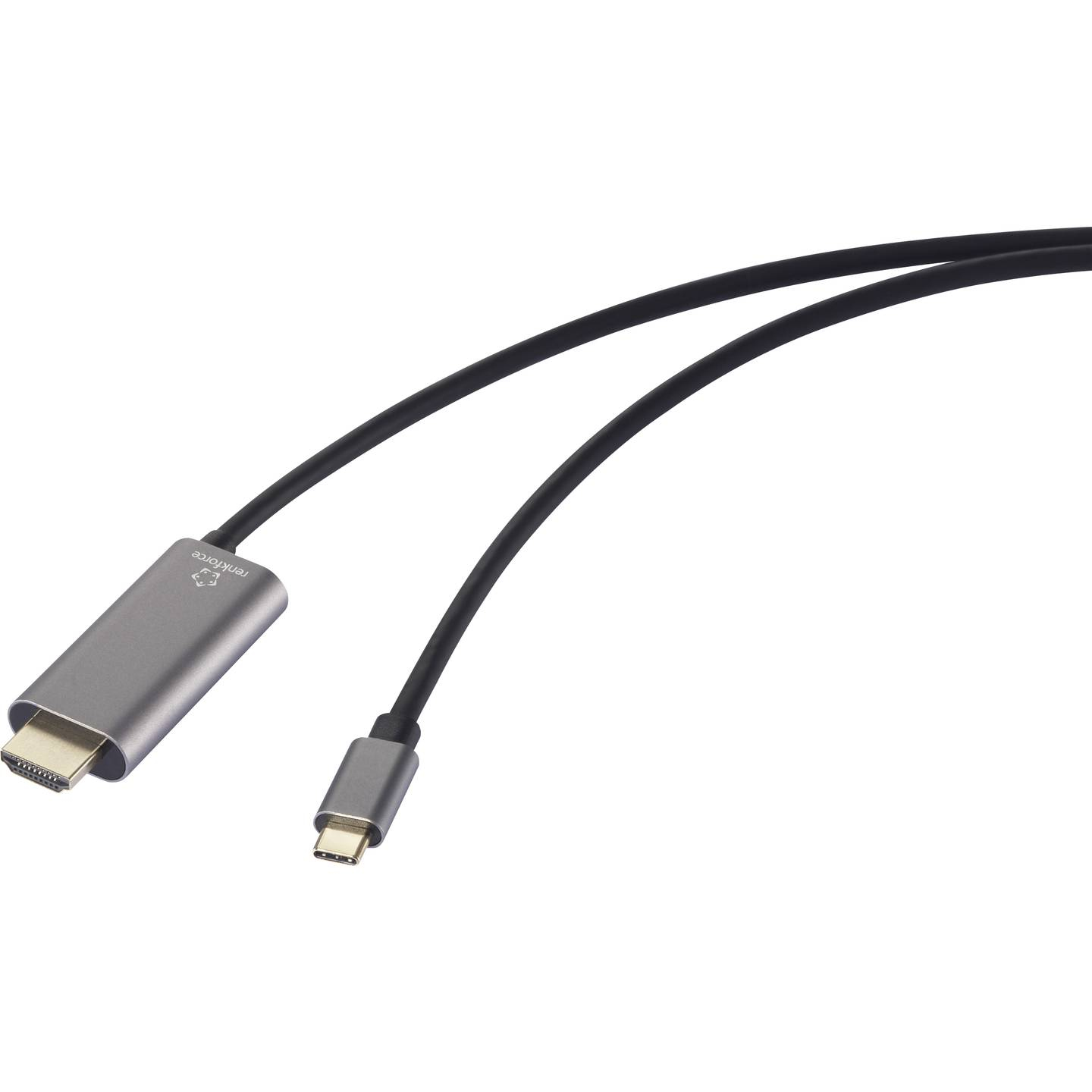 Un cavo grigio da HDMI a USB-C con due connettori su sfondo bianco.