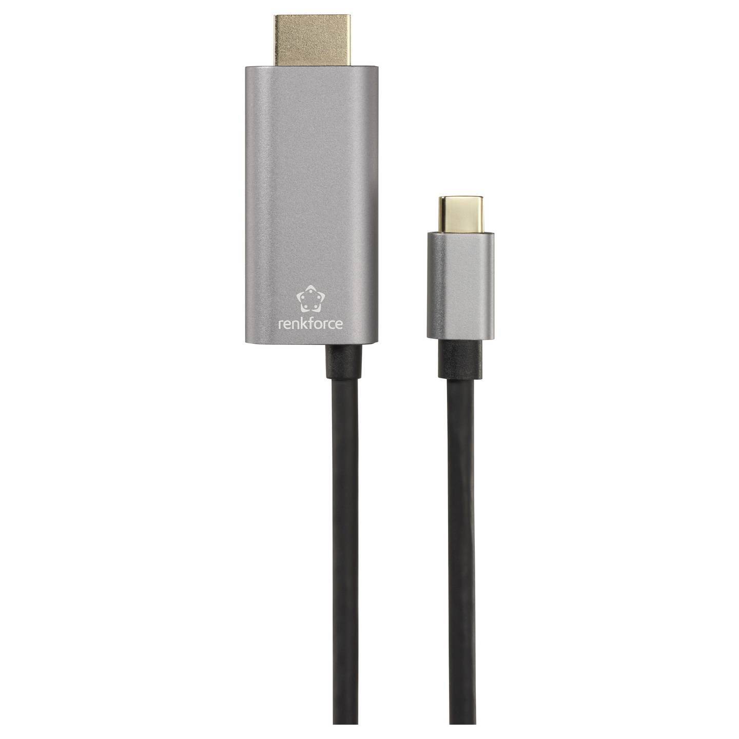 Cavo USB-C a HDMI argentato, due estremità, cavo nero.