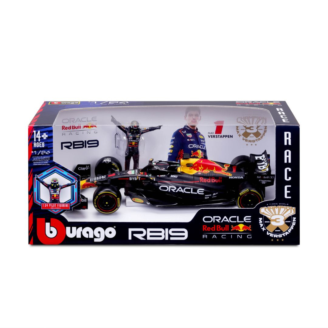 Model samochodu Red Bull RB19 F1 w pudełku z figurką Maxa Verstappena.