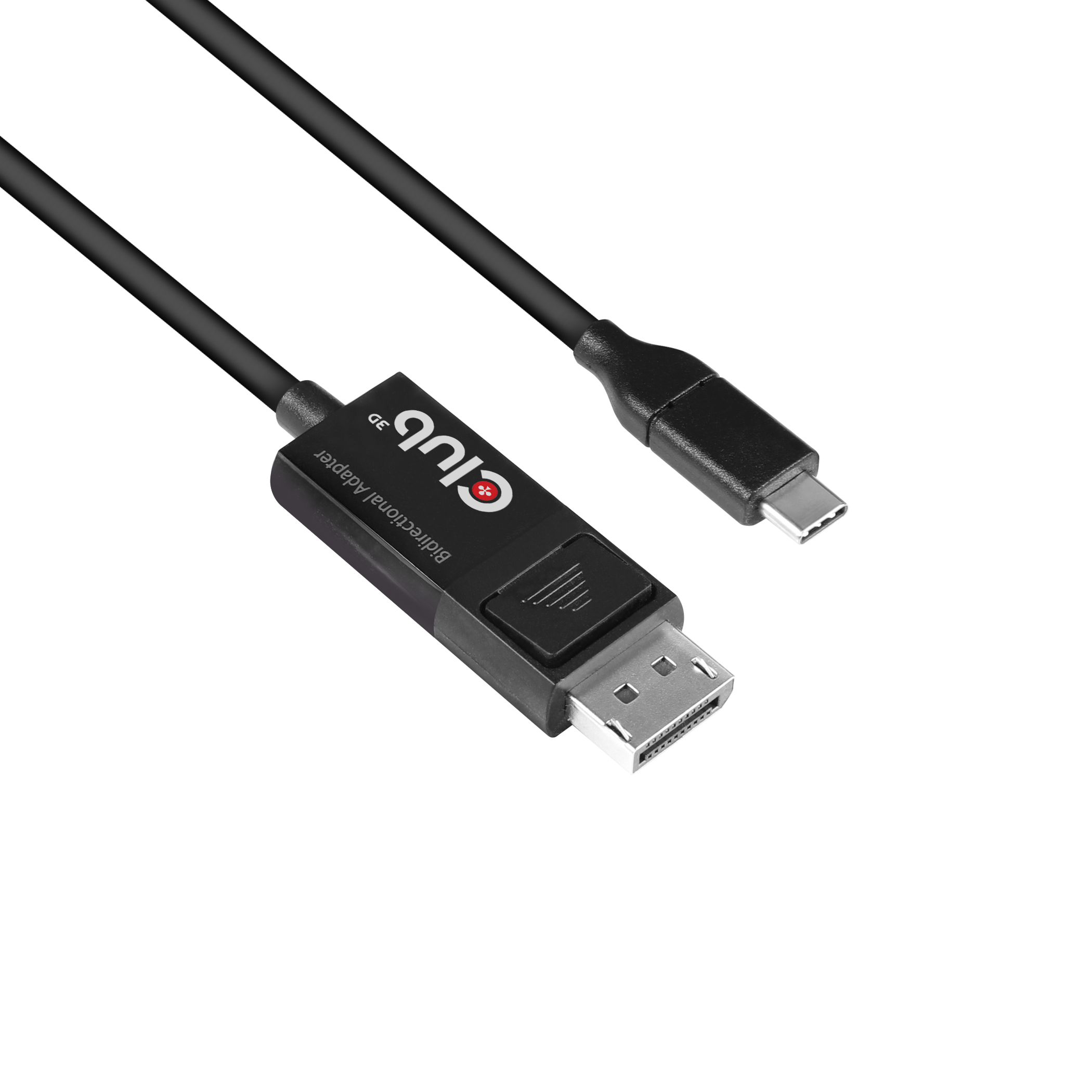 Cavo adattatore da USB-C a DisplayPort nero, con connettori a ciascuna estremità, su bianco.