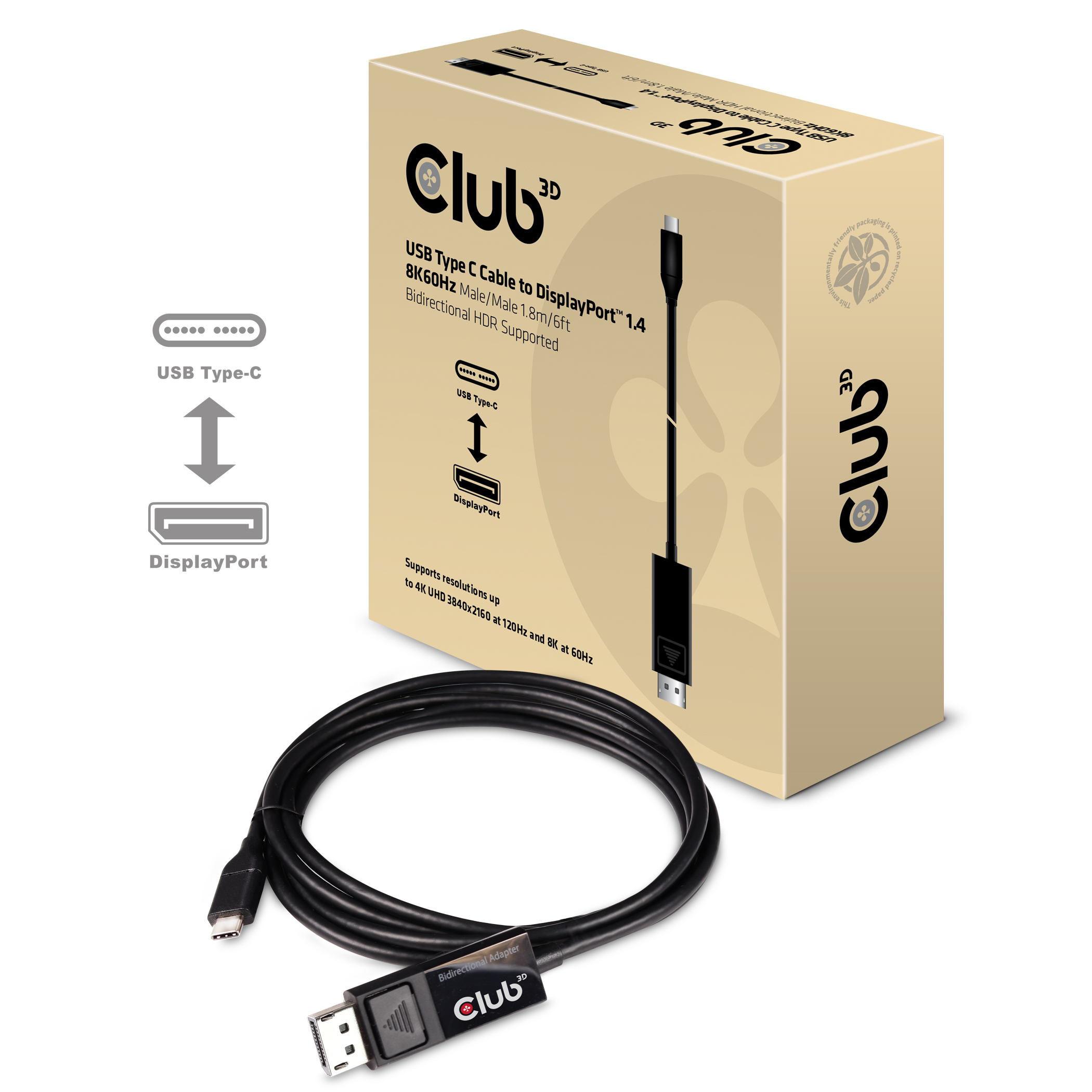 Un cavo e adattatore USB Tipo C neri, con una scatola che mostra le funzioni e il diagramma del cavo.