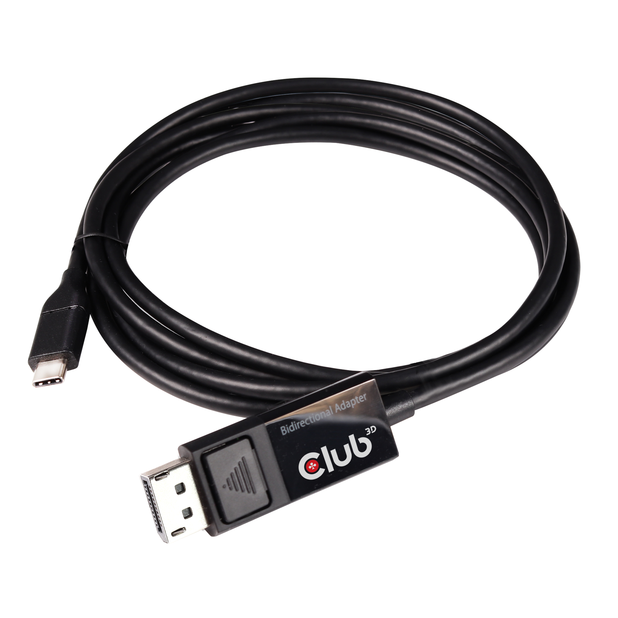 Cavo adattatore da USB-C a DisplayPort nero. Il cavo è curvo, con un connettore su ciascuna estremità e un'etichetta.