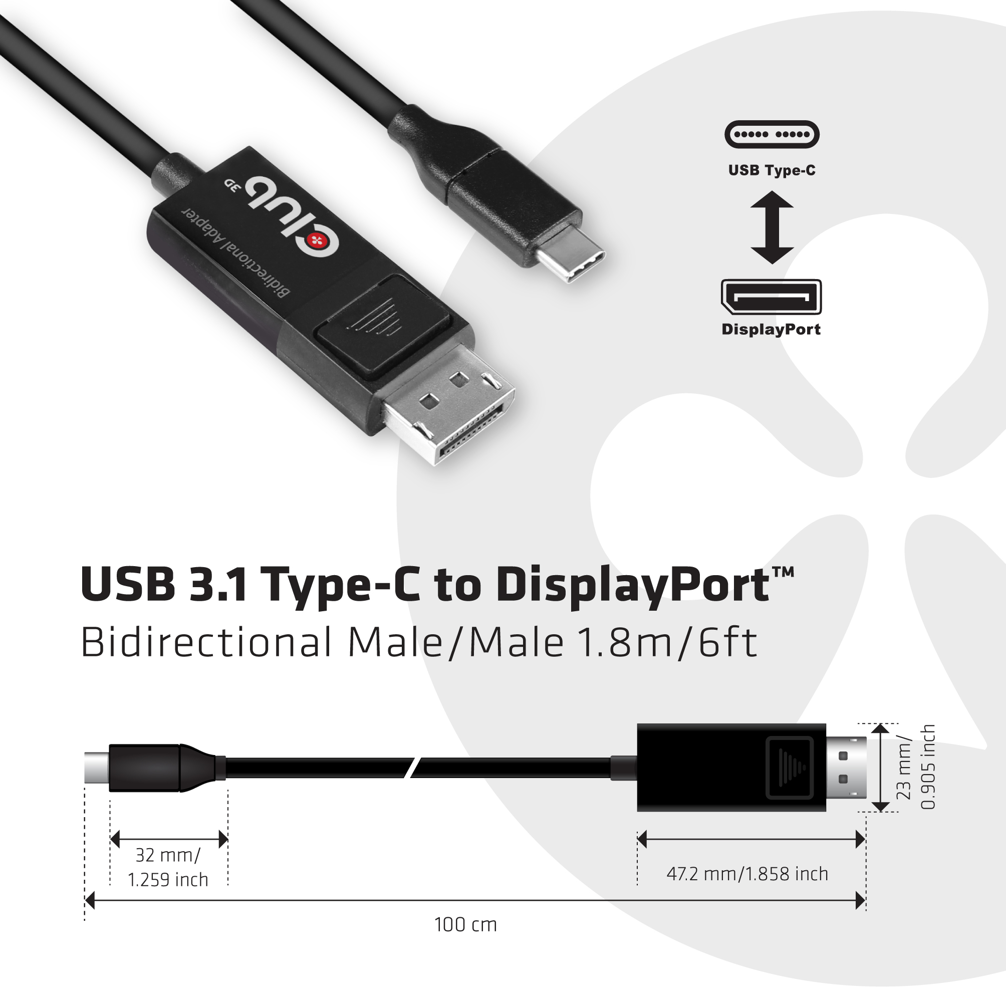 Cavo adattatore nero da USB 3.1 Type-C a DisplayPort, con dimensioni e diagrammi.