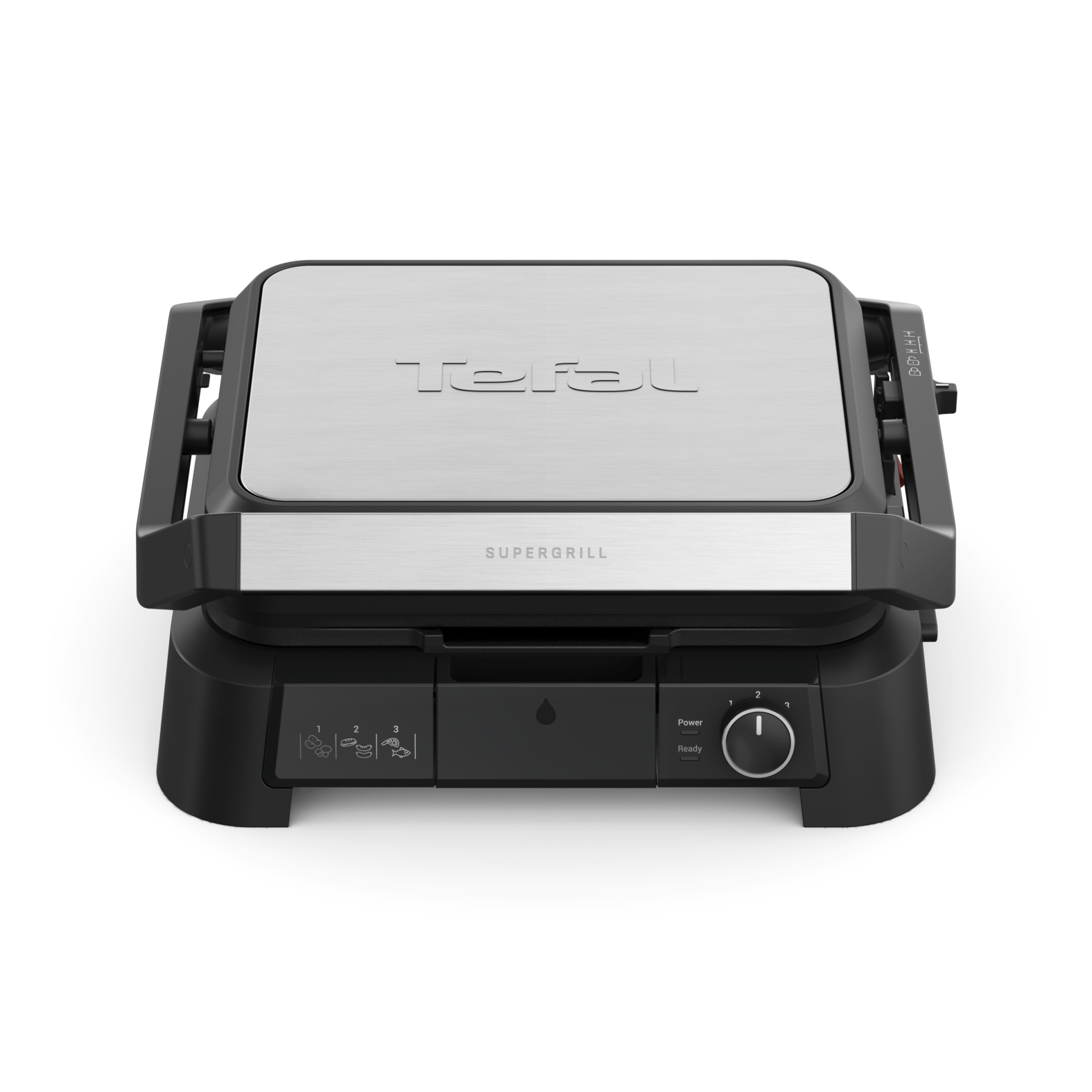 Tefal Supergrill noir et argent. Le gril est fermé et porte le logo Tefal.