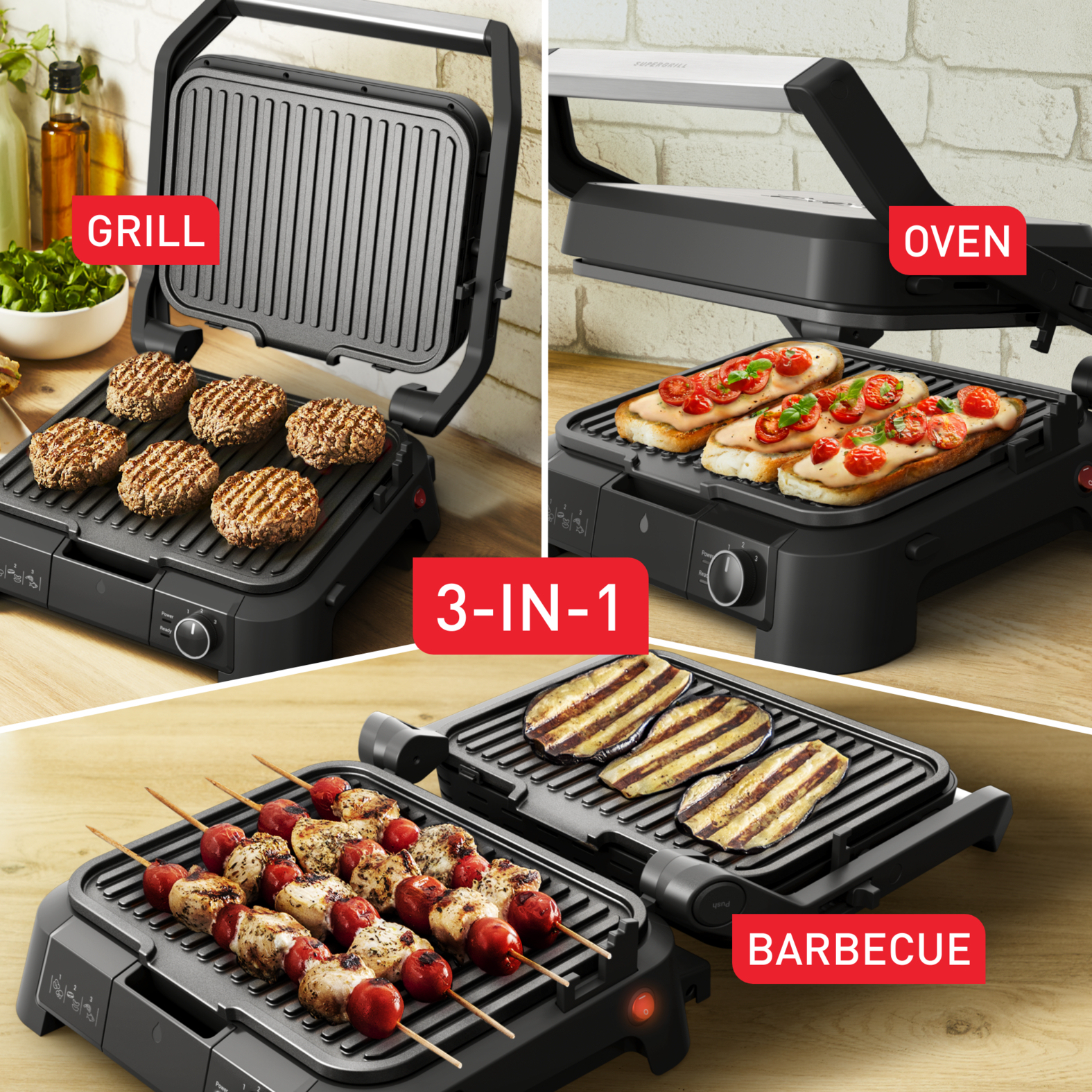 Un grill multifonctionnel. Il montre les modes grill, four et barbecue.