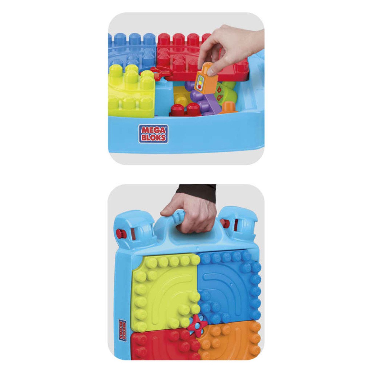 Montaż zabawek Mega Bloks. Niebieski stół z czerwonymi klockami i dłonią.