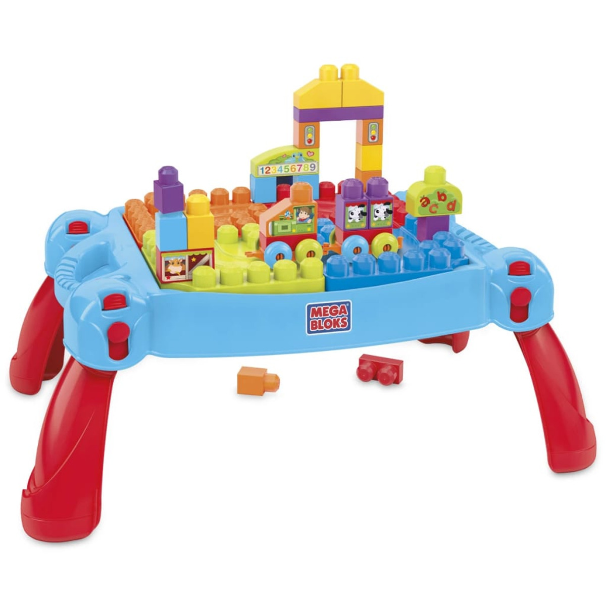 Zabawkowy stół konstrukcyjny z kolorowymi klockami. Ma niebieskie nogi i wielokolorowy blat. Białe tło.