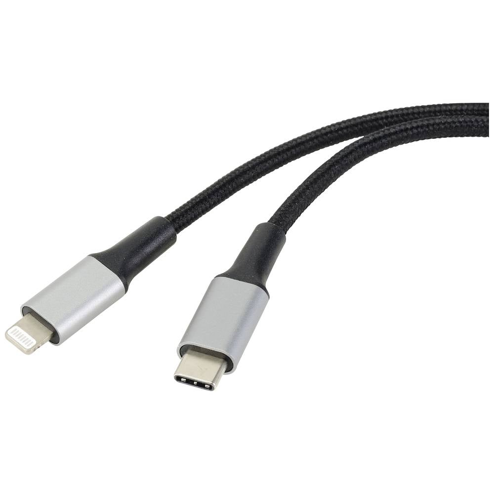 Czarny i srebrny kabel USB-C i Lightning. Tło jest białe.