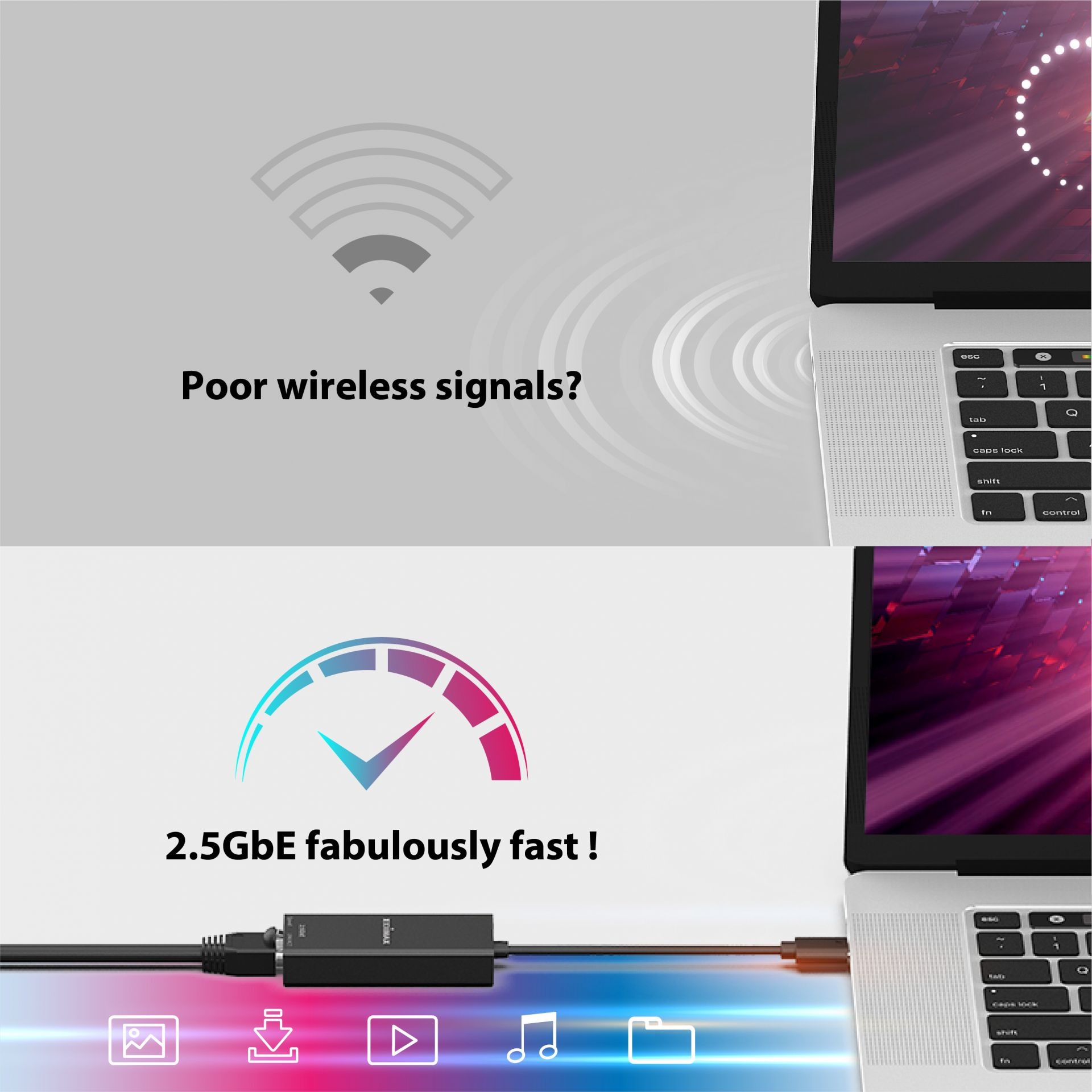 Dwa laptopy pokazujące sygnał bezprzewodowy i transfer danych z czarnym urządzeniem pośrodku, połączone kablami.