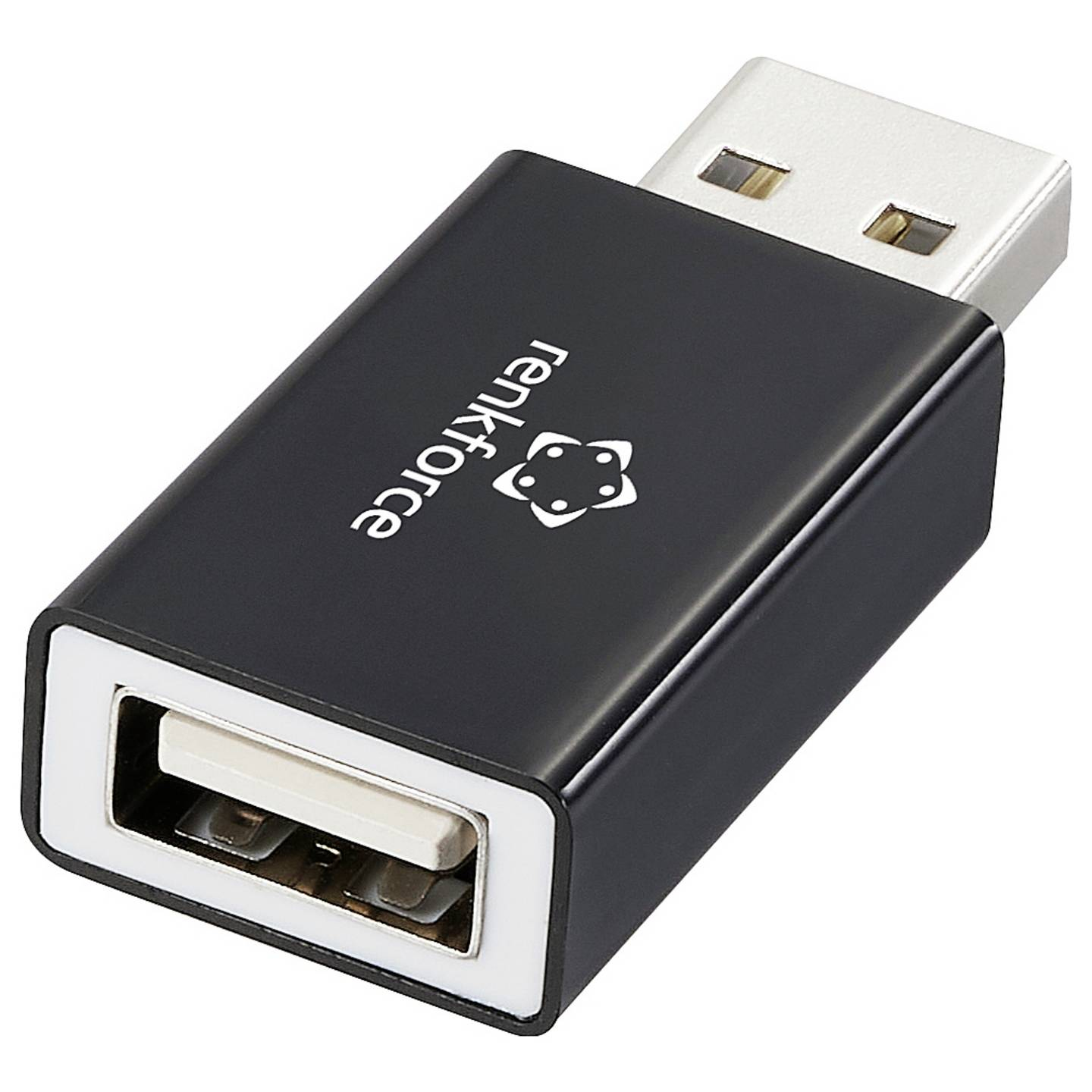 Adattatore USB nero con bordo bianco. Ha un connettore USB-A. Il logo è 'renkforce'.