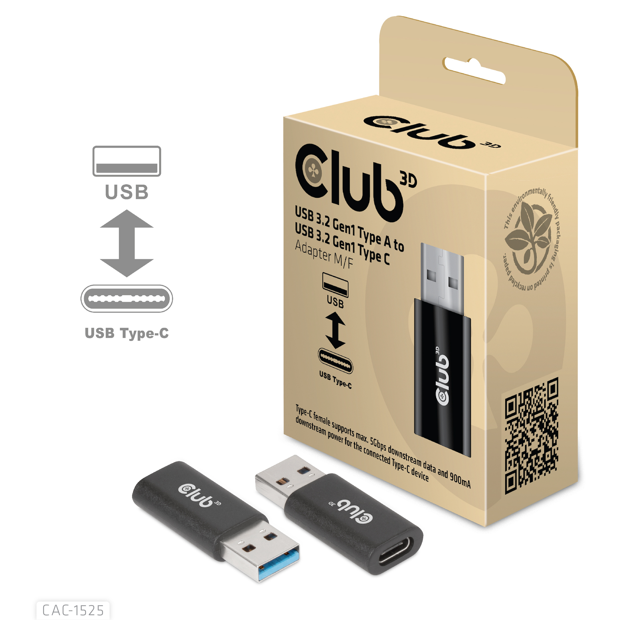 Adaptador USB con una caja. Tiene un logotipo, texto e imágenes que indican su función.