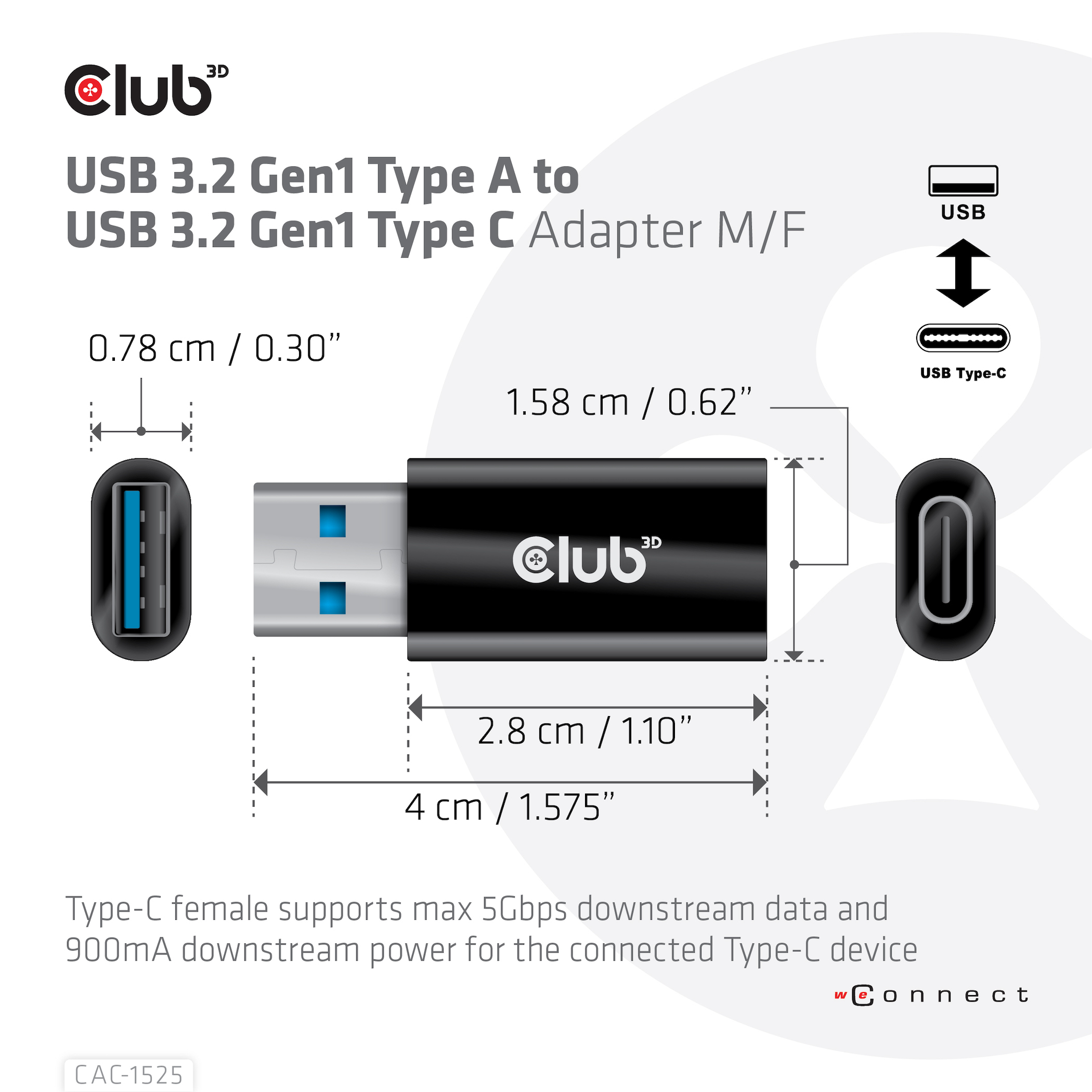 Adaptador USB 3.2 Gen1 Tipo A a C negro. Tiene dimensiones marcadas.