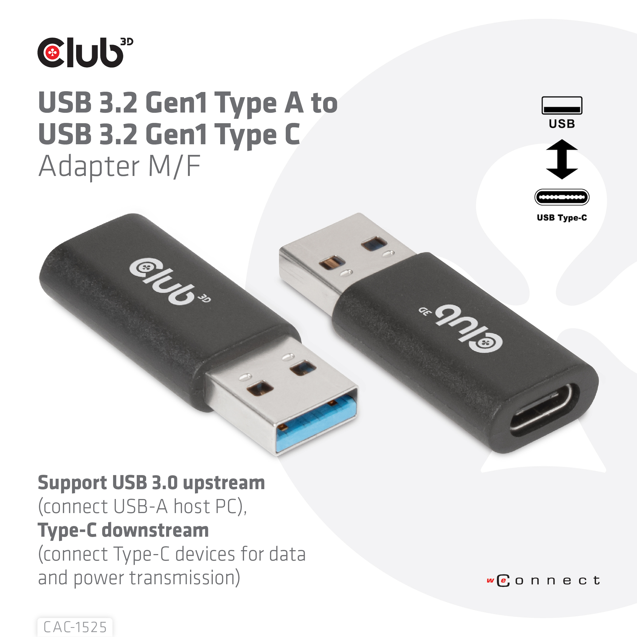Adaptador USB 3.2 negro con extremos USB-A y USB-C. Fondo blanco.