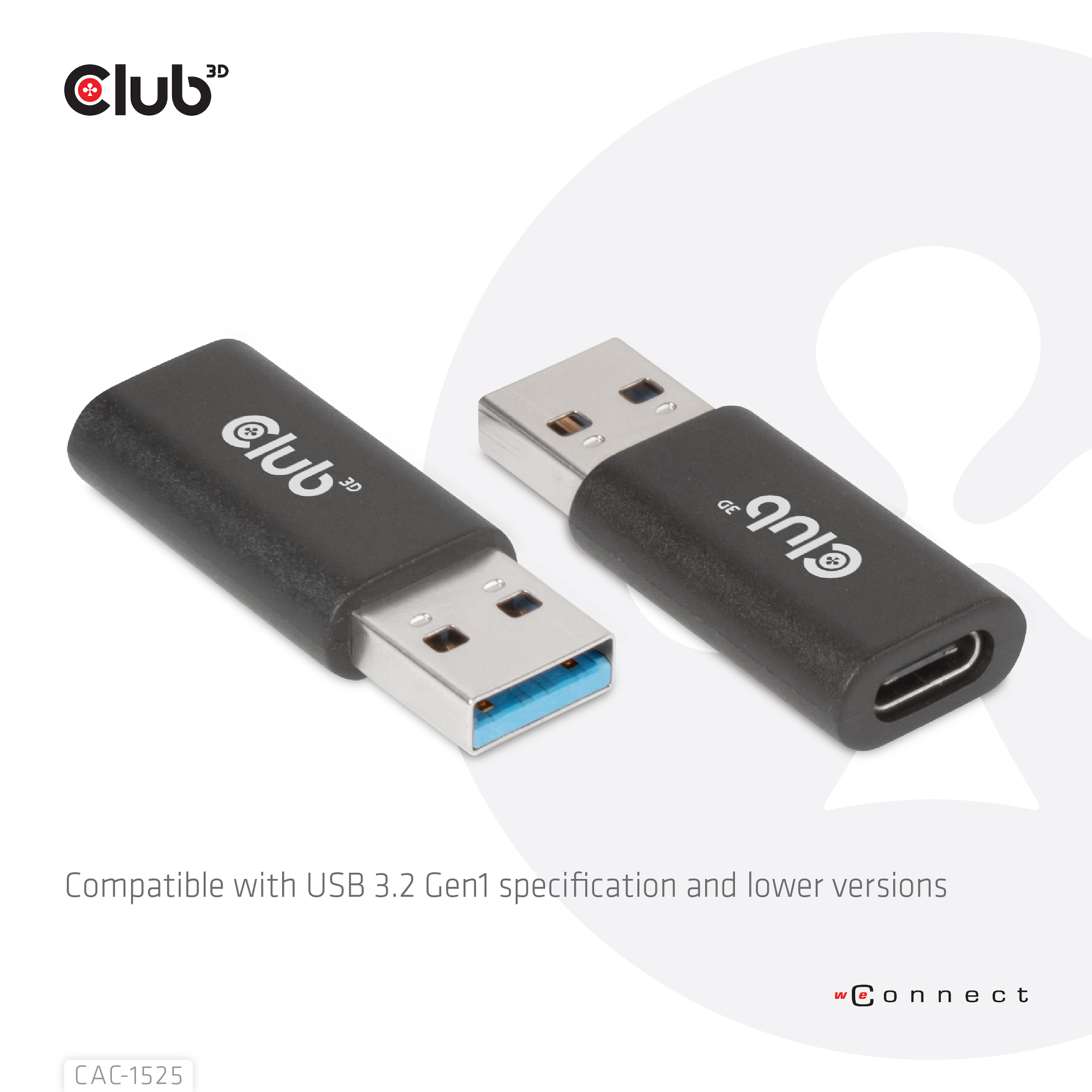 Dos unidades USB negras con el logo de Club 3D. Una es USB-A, la otra USB-C. Fondo blanco.