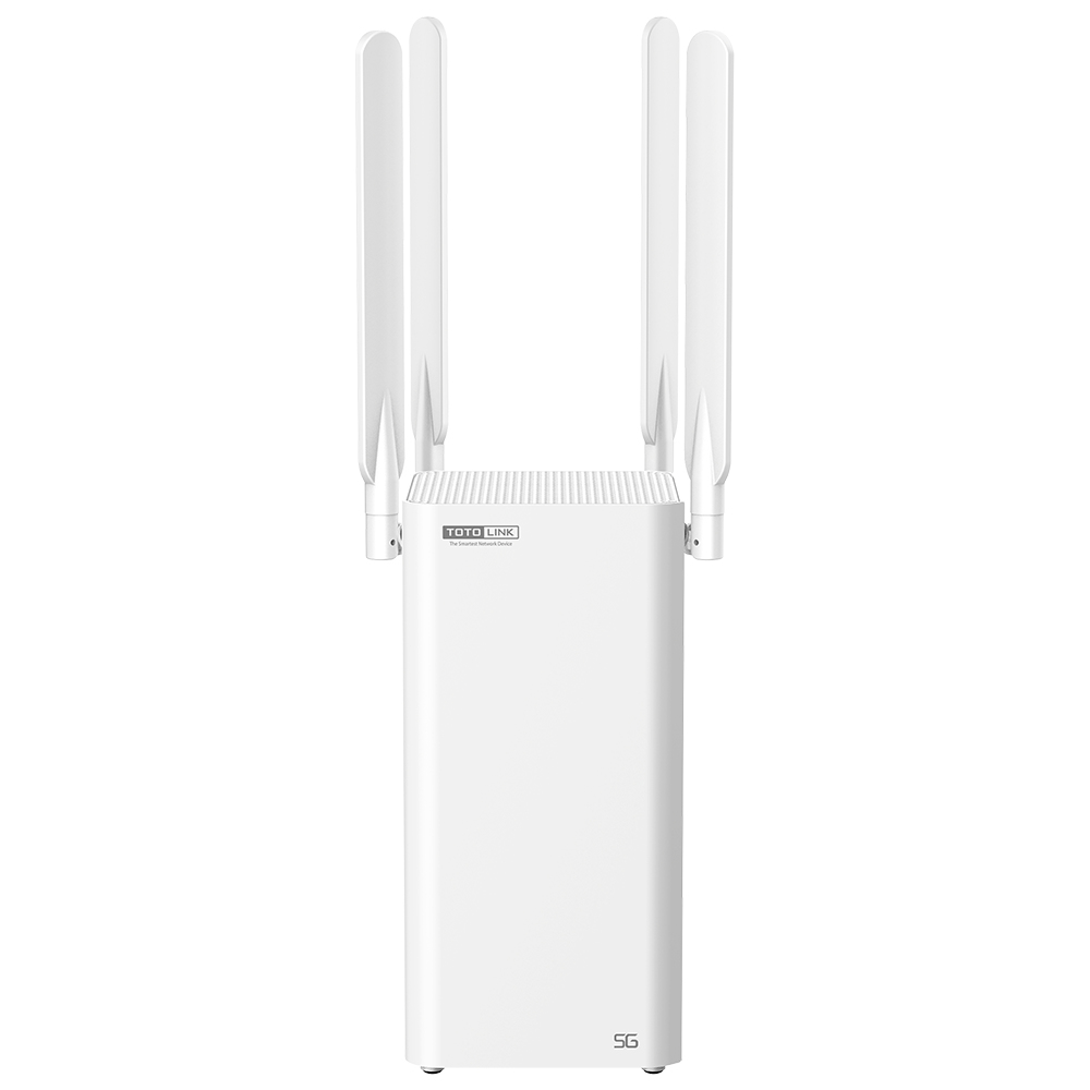 Router bianco con quattro antenne. Il logo TOTO LINK è visibile sulla parte anteriore.