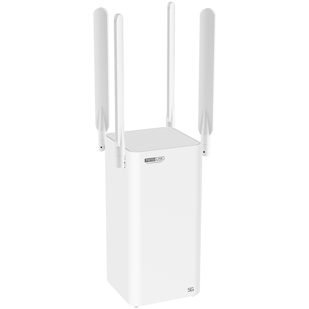 Router bianco con quattro antenne. Logo TOTO LINK sul davanti, vista verticale.