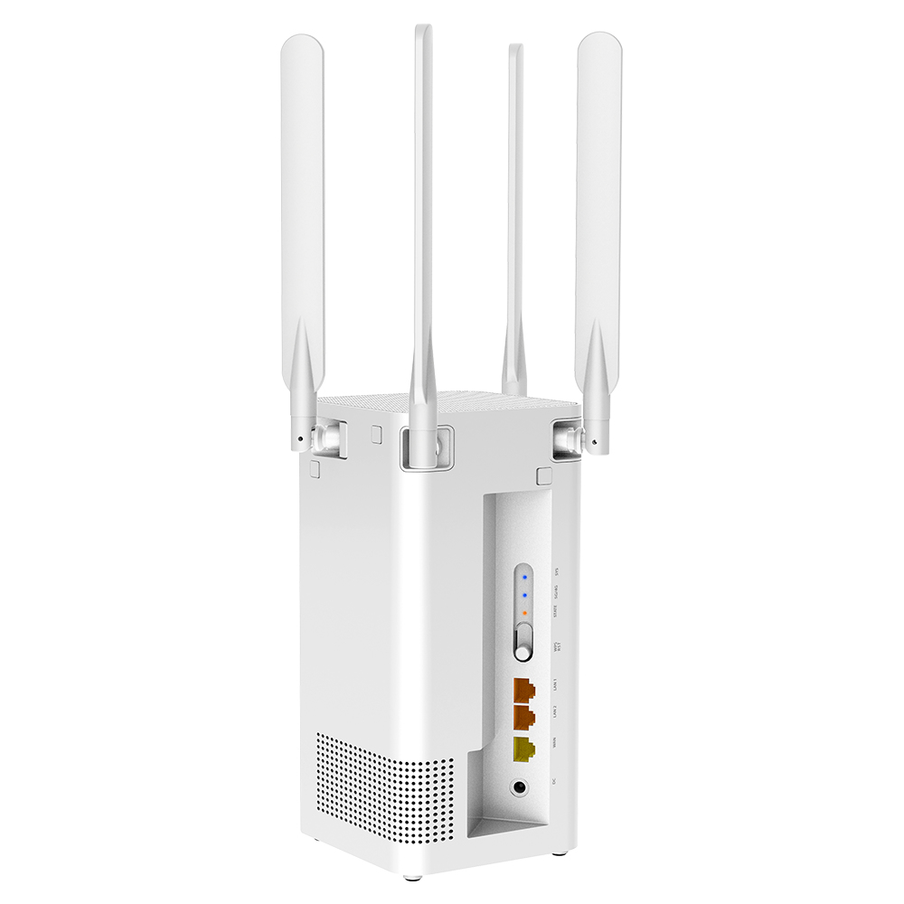 Router bianco con antenne. Il retro del router presenta porte e slot di connessione.