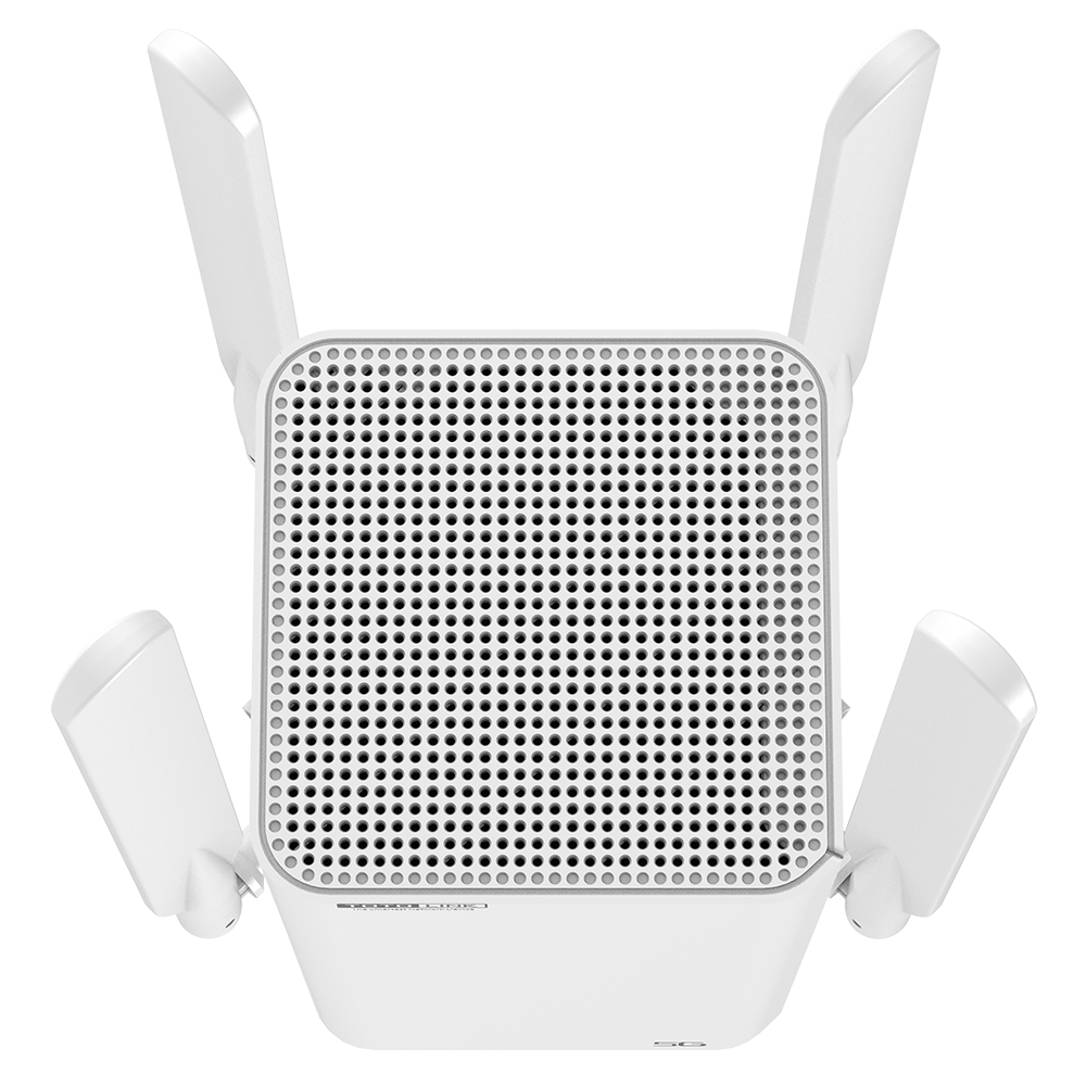 Router bianco, vista dall'alto, con quattro antenne. Il router ha una parte superiore perforata e piccoli fori.