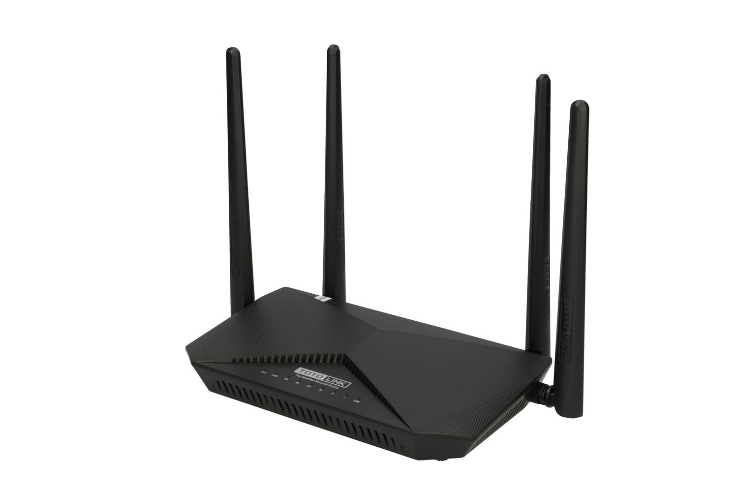 Czarny router z 4 antenami. Szare tło.
