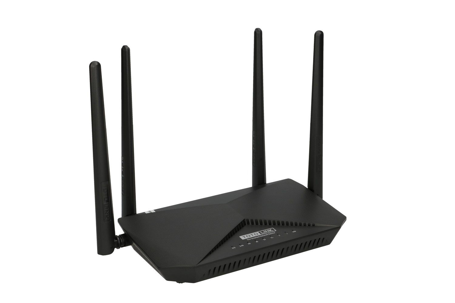 Czarny router z 4 antenami. Białe tło.
