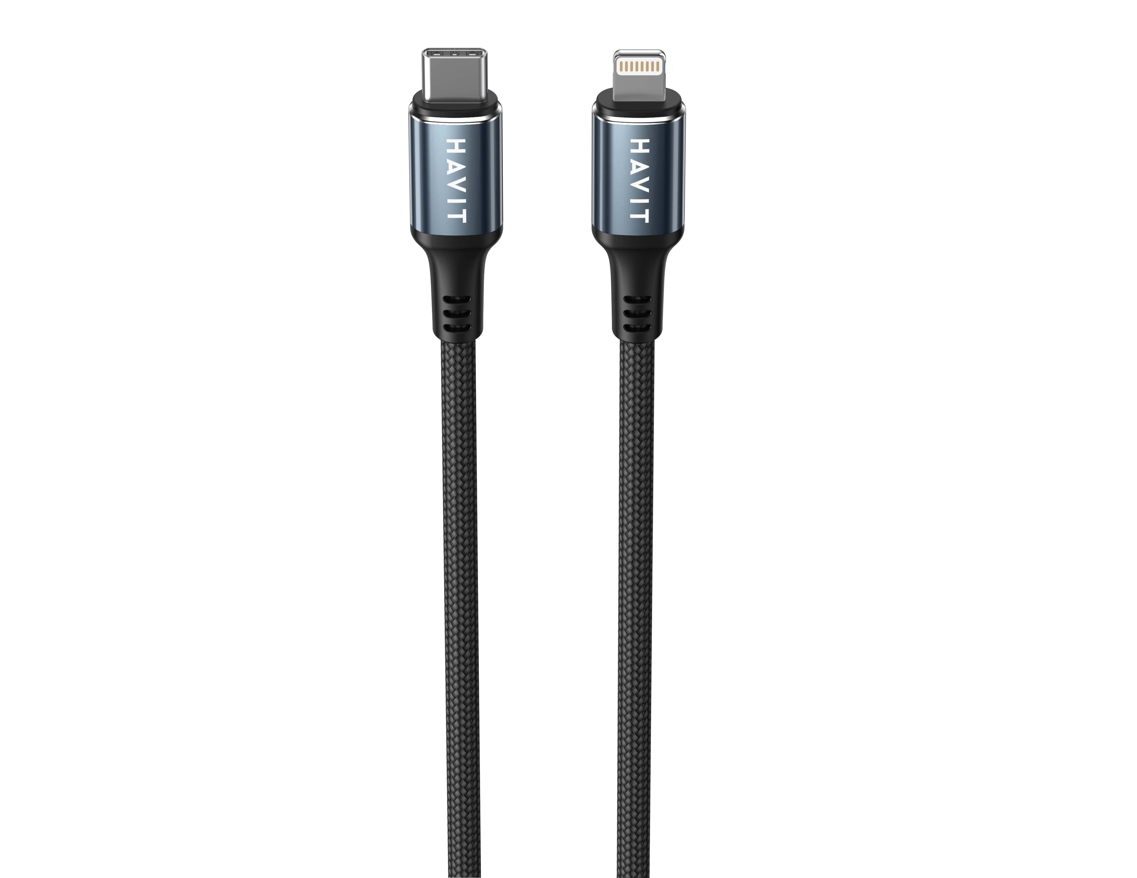 Cavo di ricarica nero con connettori USB-C e Lightning. Sfondo bianco.