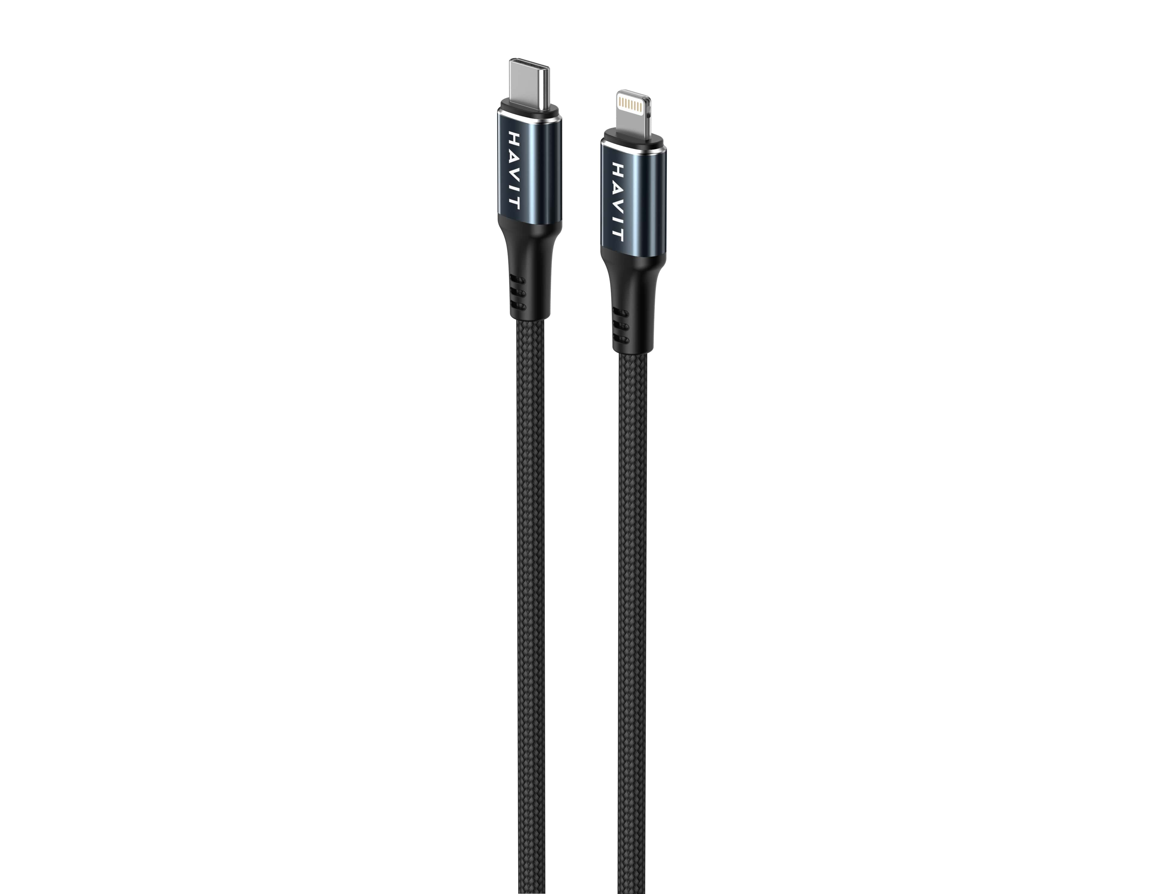 Un cavo da USB-C a Lightning nero. Ha una trama intrecciata e connettori su entrambe le estremità.