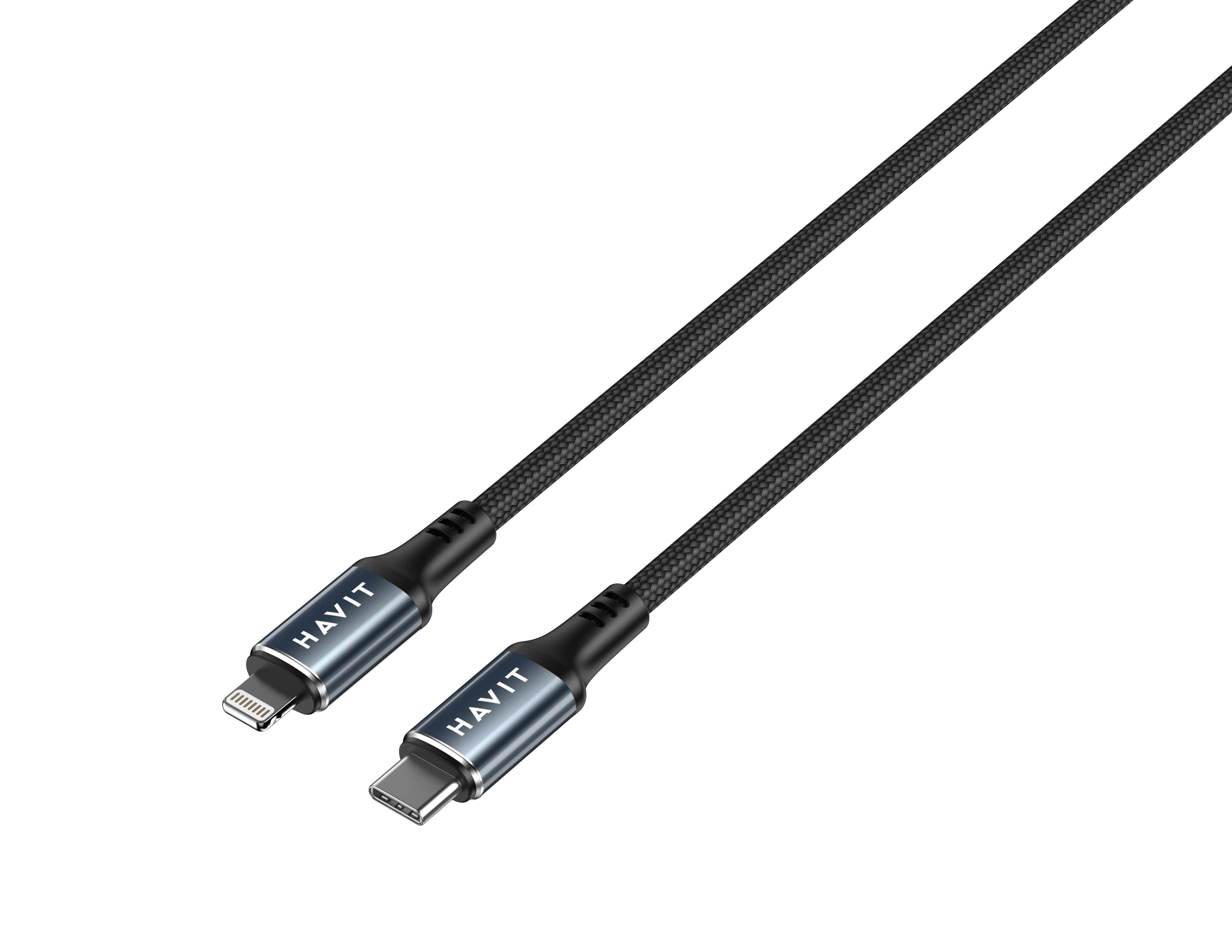 Cavo USB intrecciato nero con connettori Lightning e USB-C.