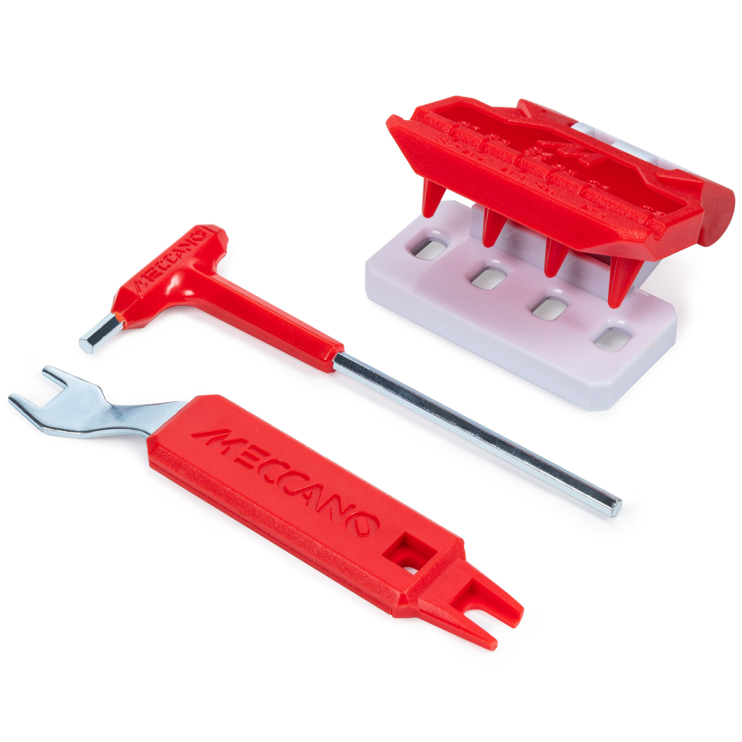 Czerwone narzędzia Meccano. Zawiera klucz T, klucz płaski i czerwone narzędzie z bolcami.
