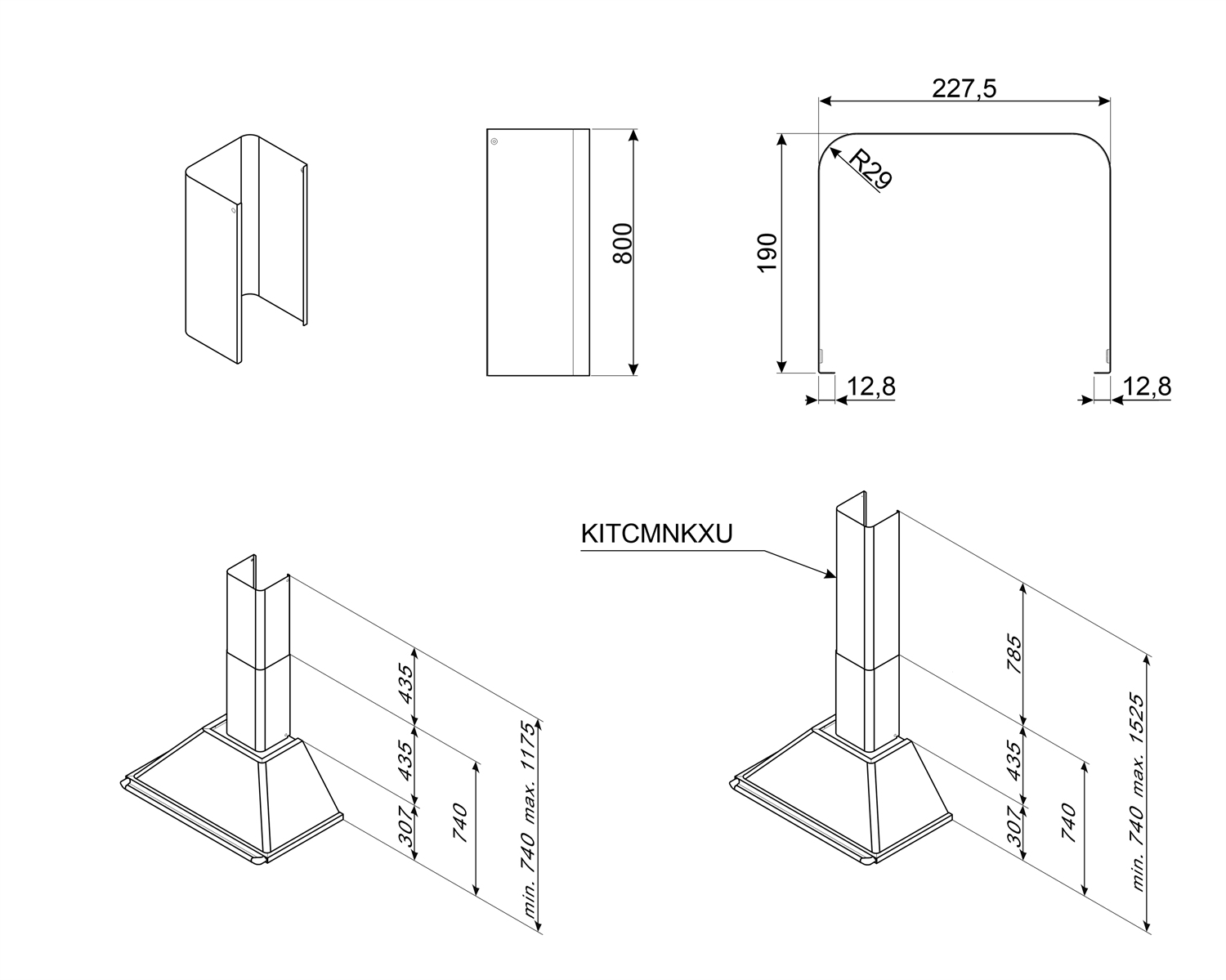 Dibujo técnico de una campana extractora. Incluye dimensiones y vistas para la instalación.
