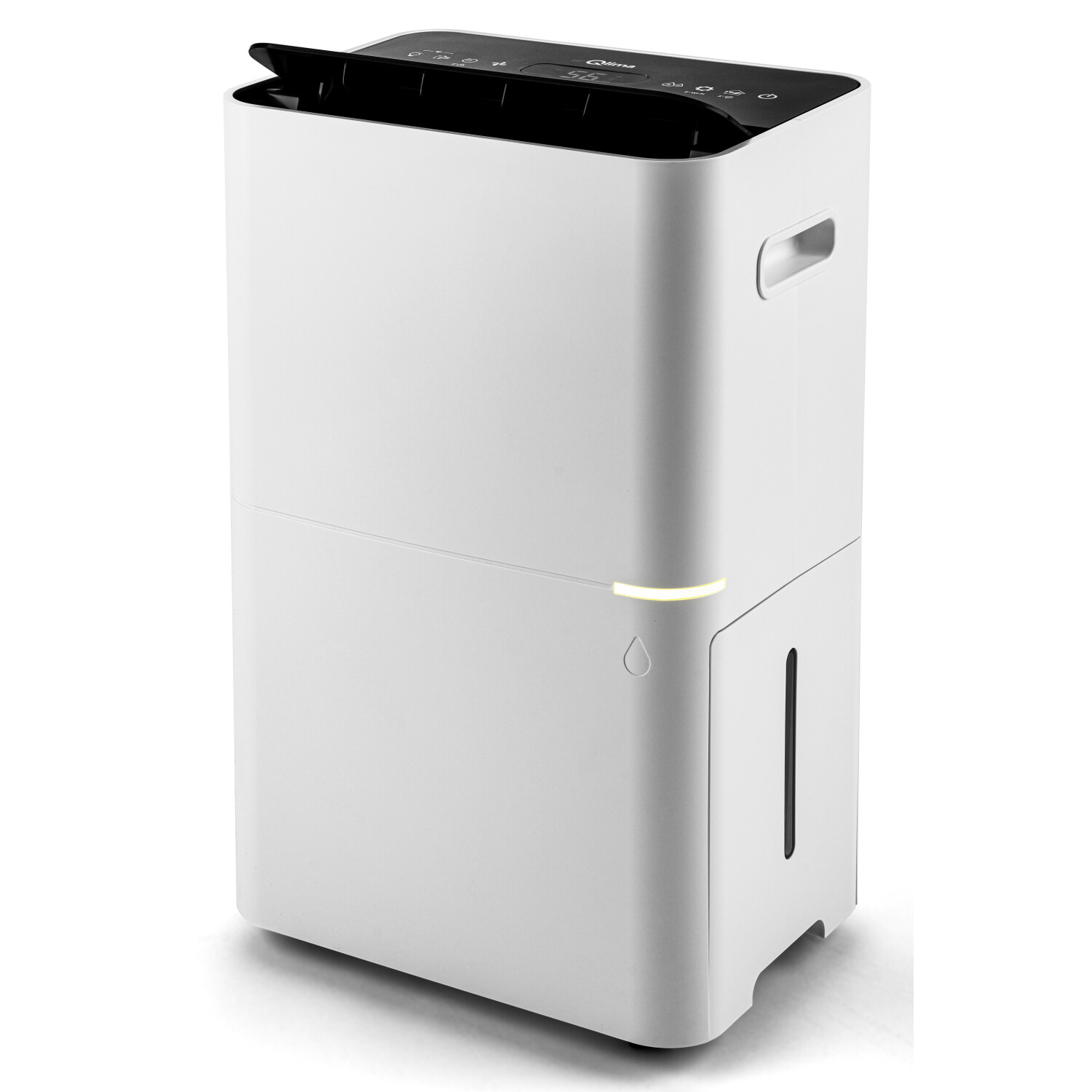 Deumidificatore bianco con parte superiore nera. Comandi sopra, indicatore livello acqua frontale.