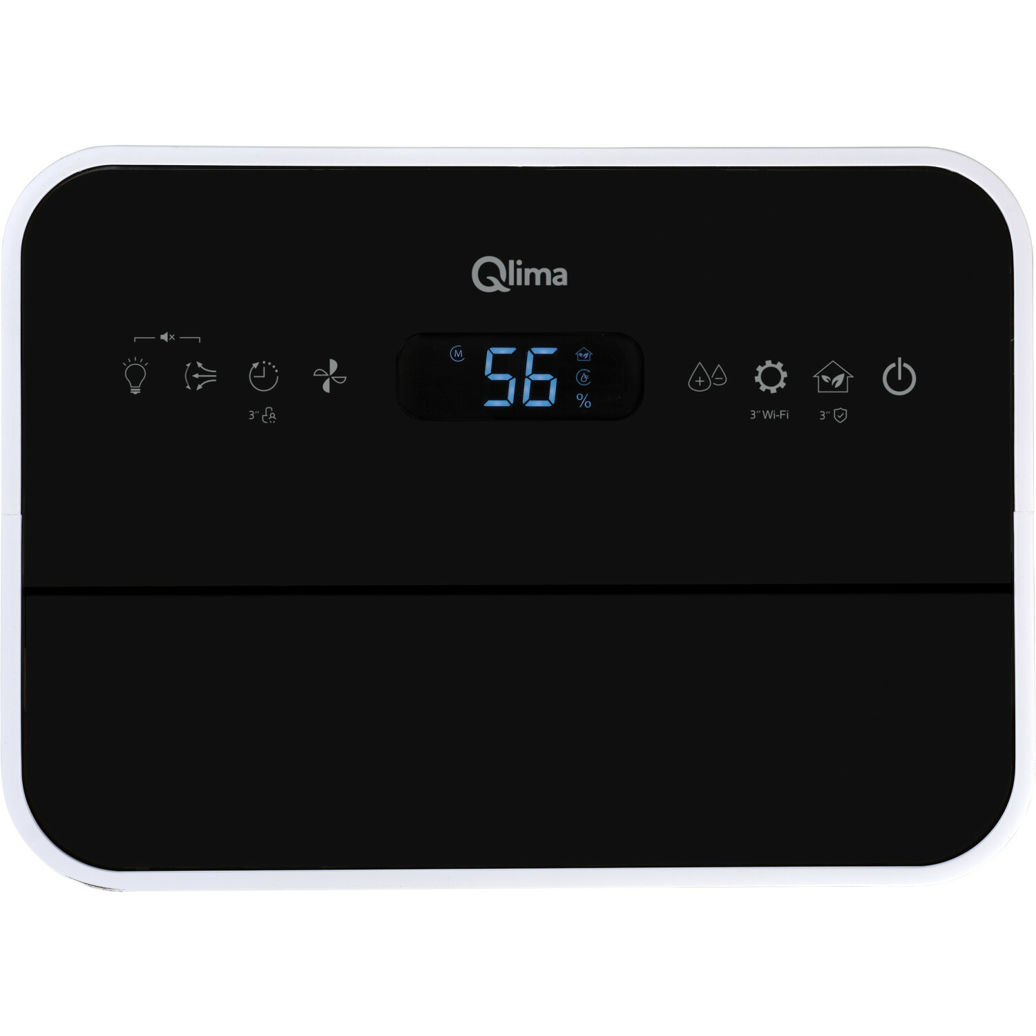 Pannello di controllo deumidificatore. Nero con display digitale e icone delle funzioni.