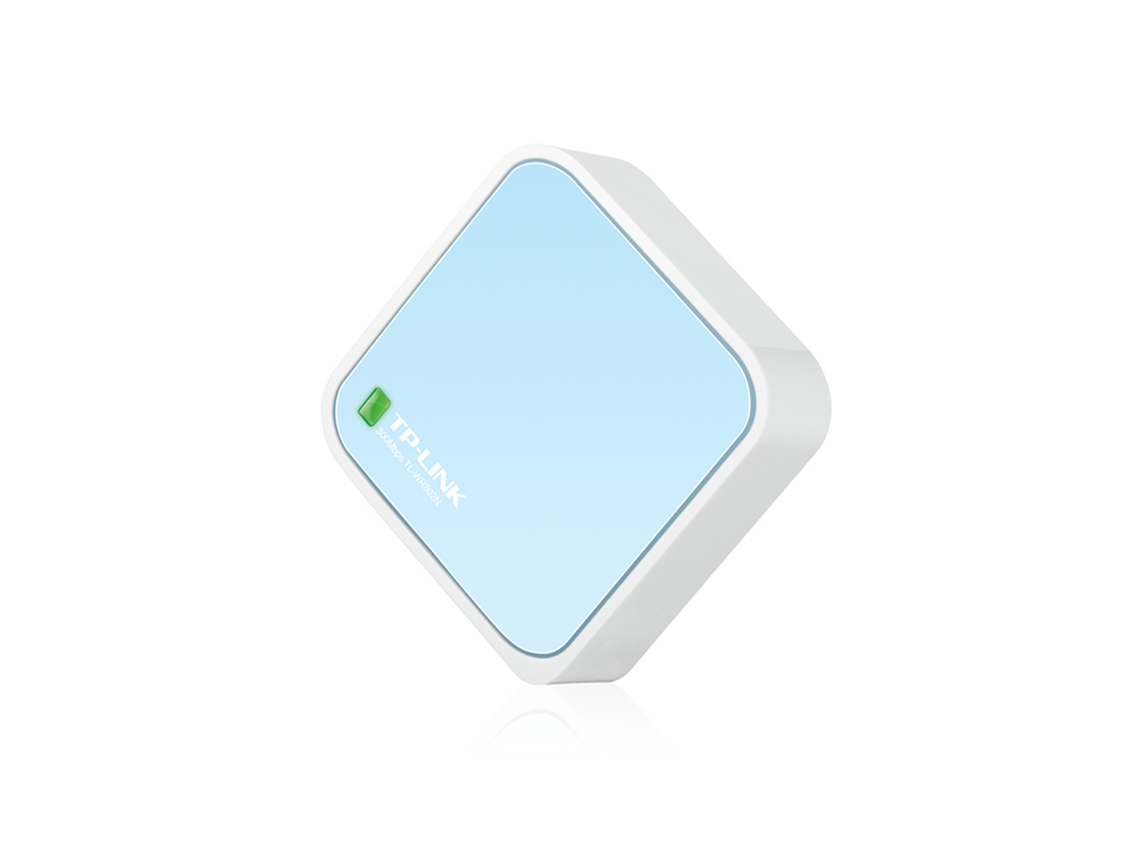 Ein weißer und hellblauer TP-Link-Router, Diamantenform, weißer Hintergrund.