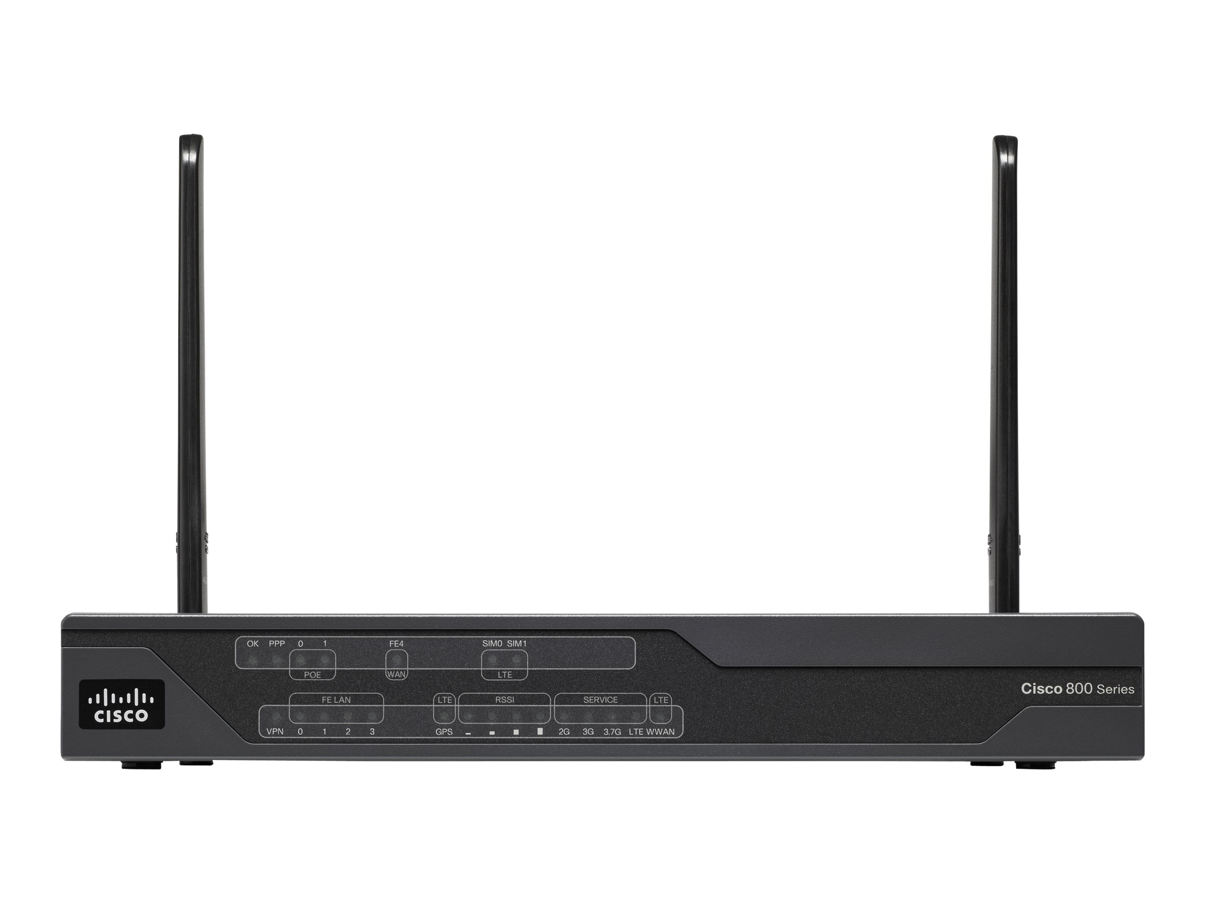Schwarzer Cisco 800 Series Router mit Antennen. Hat verschiedene Anschlüsse und Kontrollleuchten.