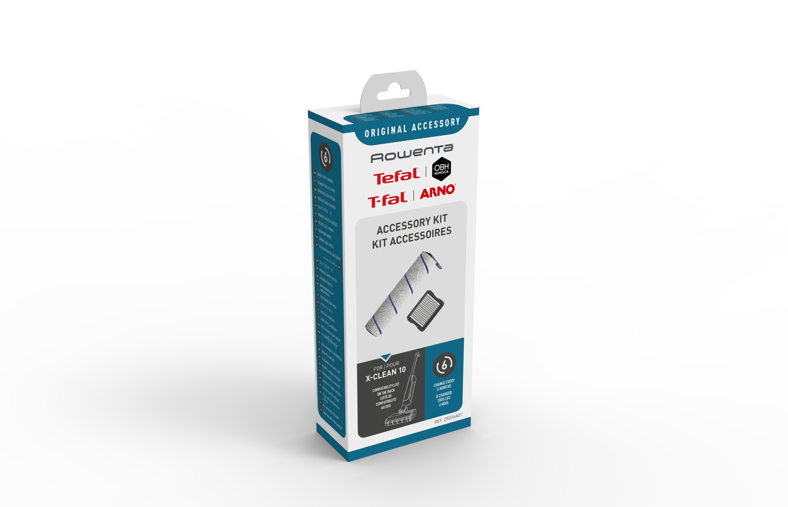 Scatola del kit accessori Rowenta. Bianco, blu e nero. Mostra il prodotto all'interno.