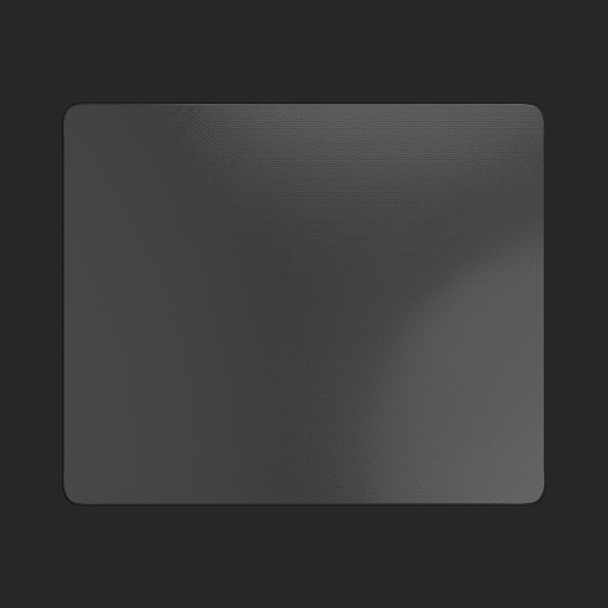 Czarna podkładka pod mysz na ciemnoszarym tle. Prostokątny kształt.