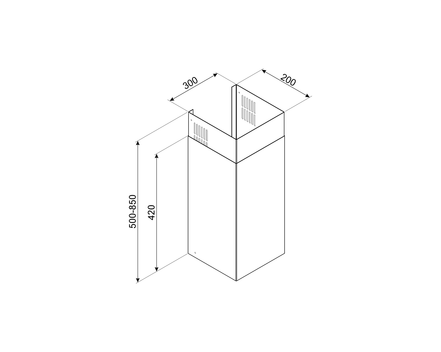Vista isométrica de una campana extractora blanca y gris, con dimensiones indicadas por flechas.