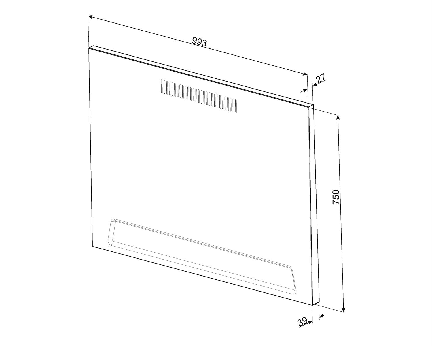 Un panel rectangular blanco con dimensiones, ventilaciones y un elemento empotrado.