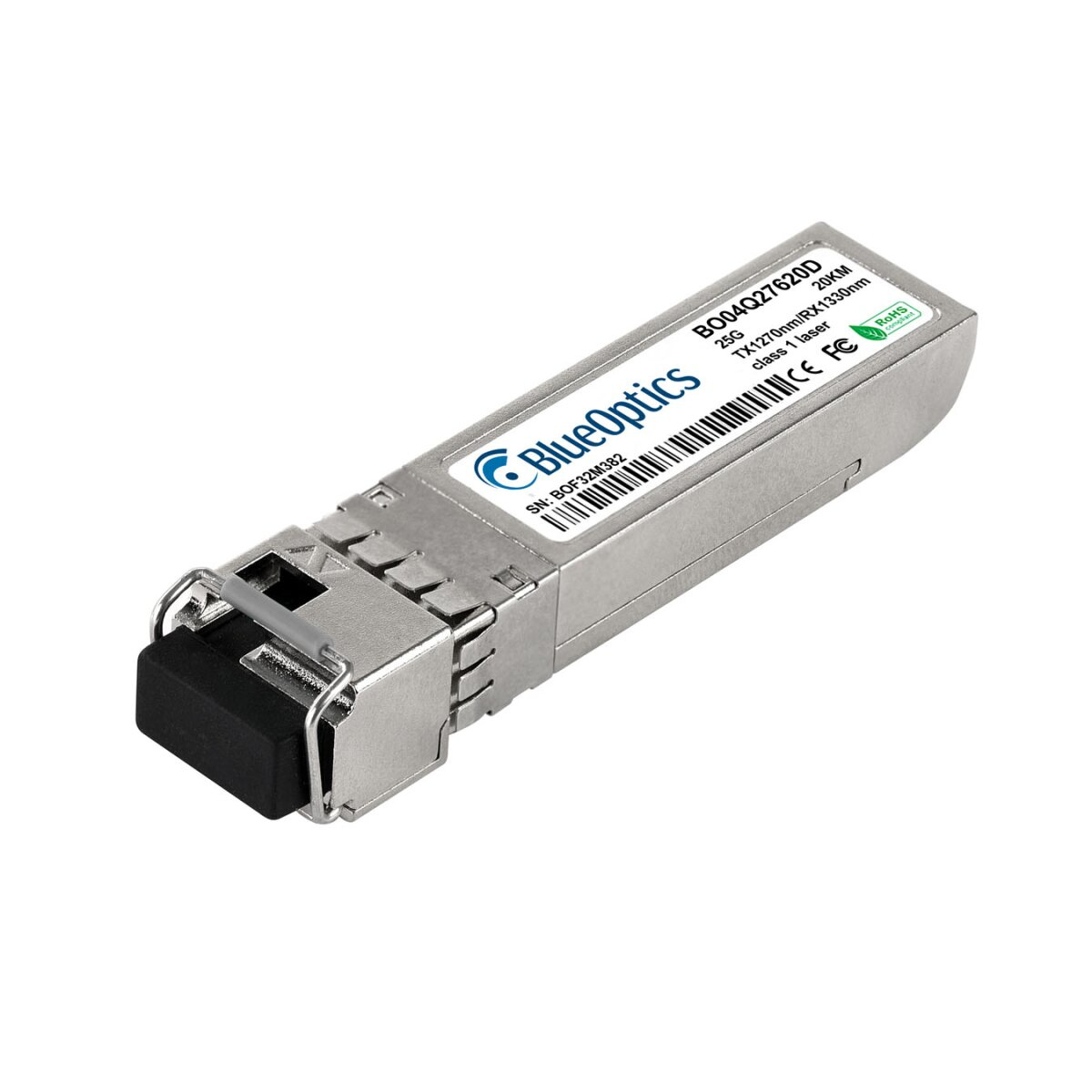 Srebrny transceiver SFP z tekstem i etykietami na białym tle.