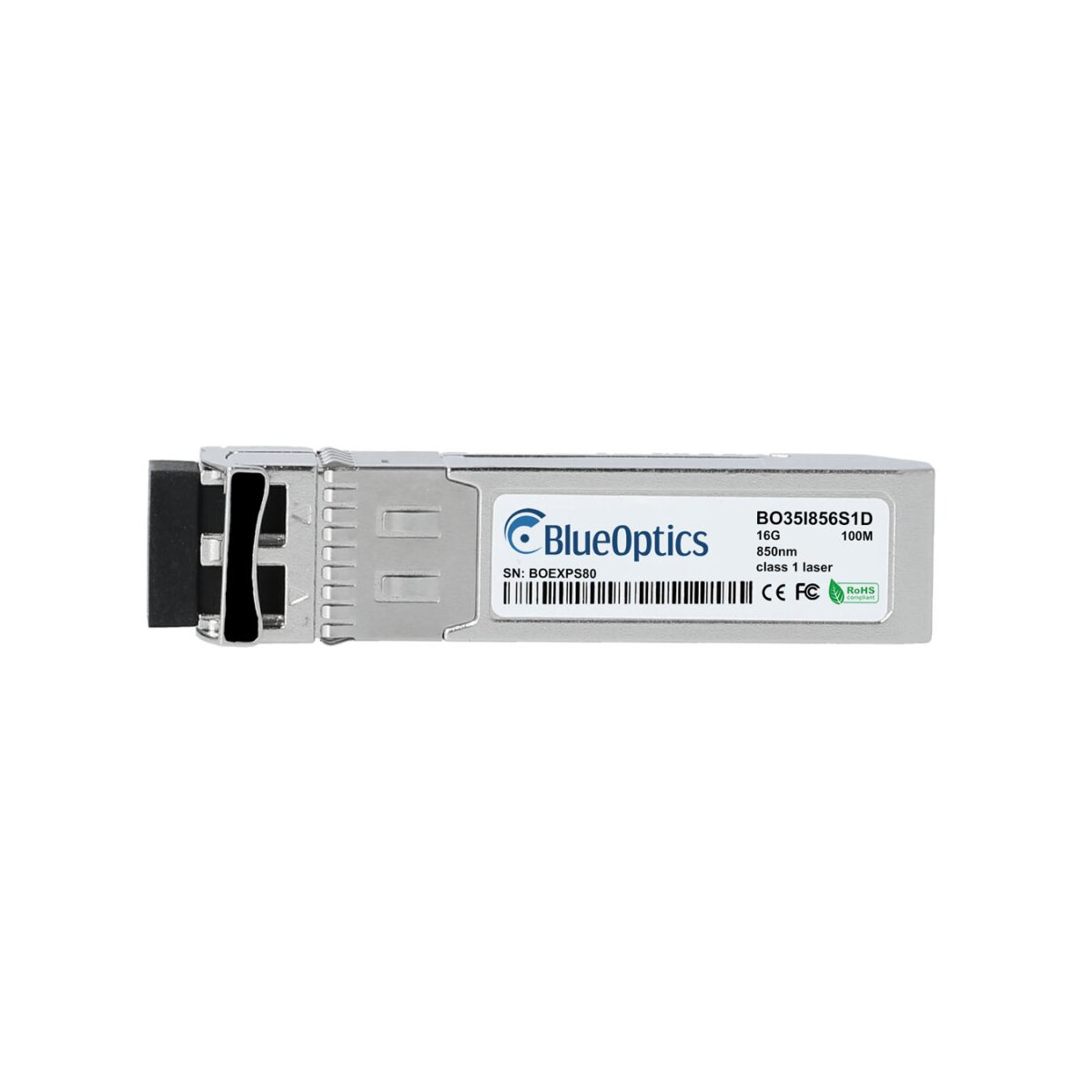 Srebrny transceiver SFP z etykietą BlueOptics.