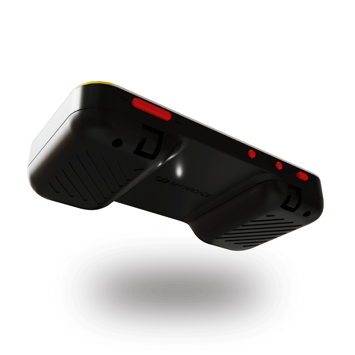 Una consola de juegos portátil MyArcade en blanco y negro con botones rojos.